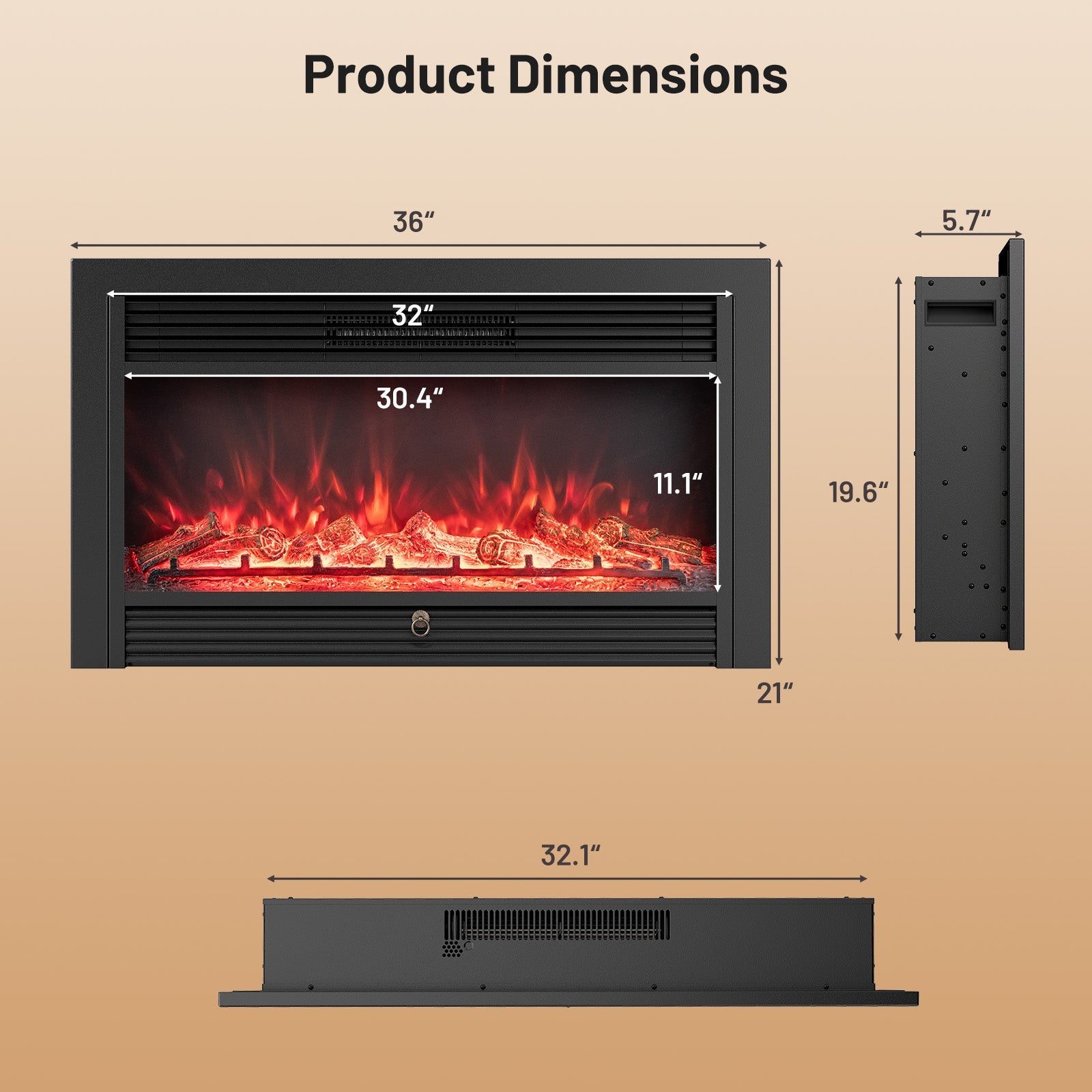 33/36-Inch Electric Fireplace Insert 750W/1500W Recessed Fireplace Heater