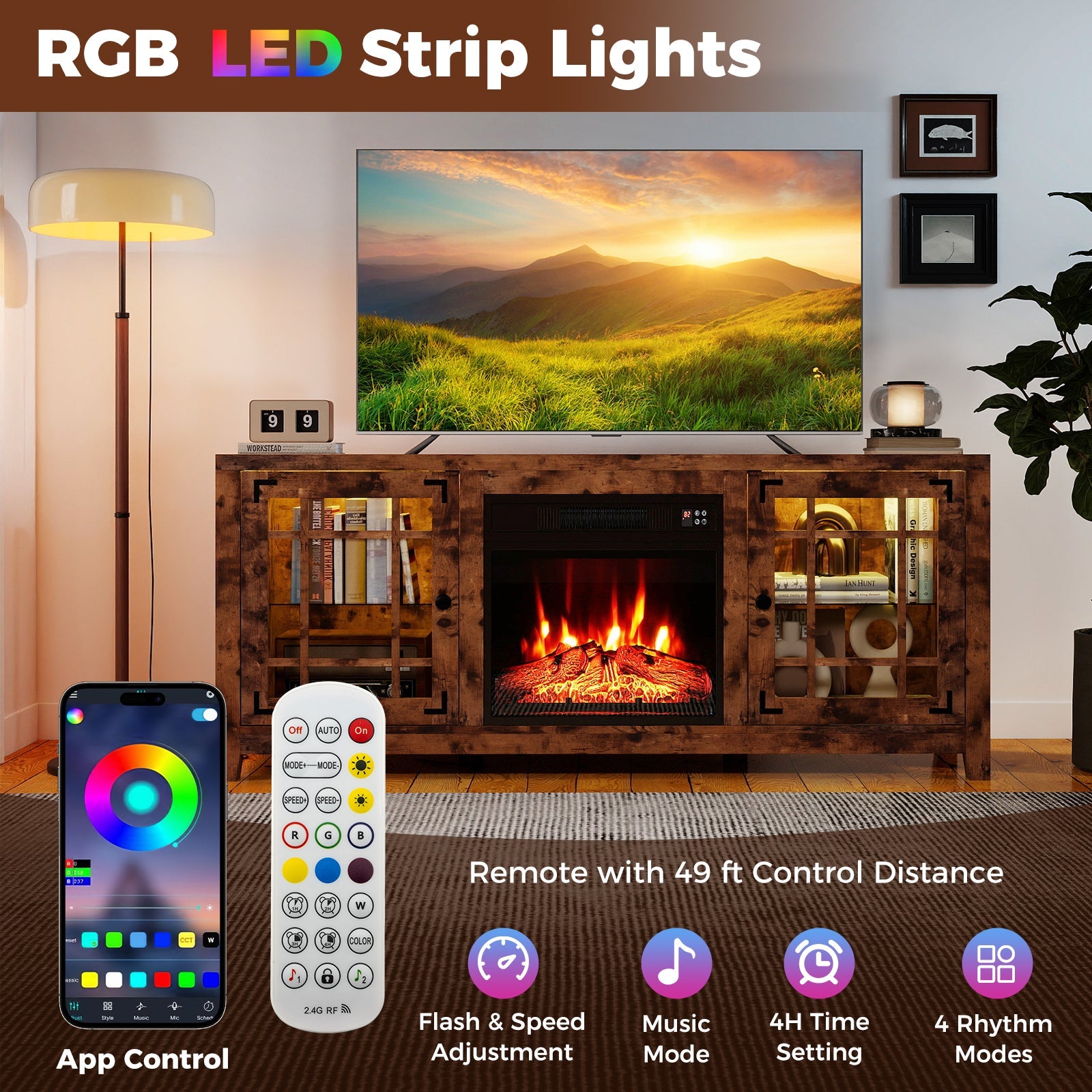 58" Fireplace TV Stand with LED Lights and 18" Electric Fireplace
