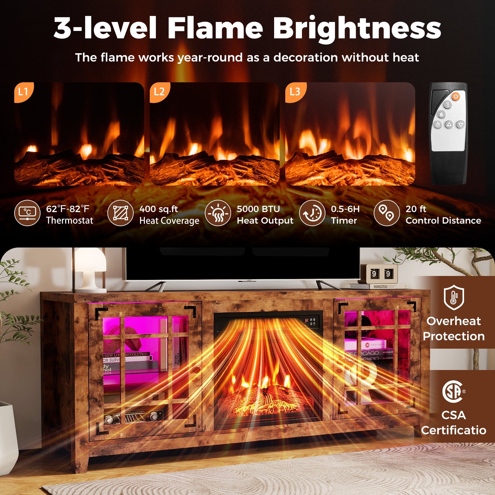 58" Fireplace TV Stand with LED Lights and 18" Electric Fireplace