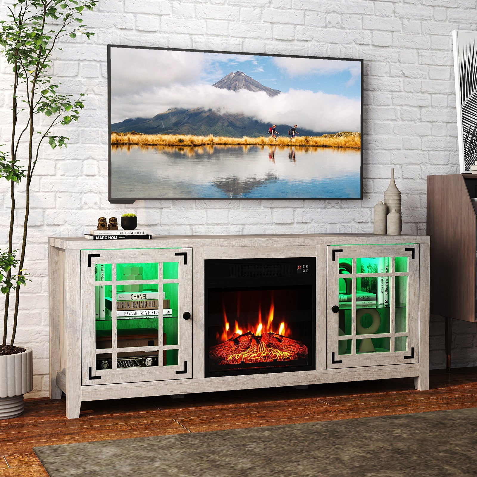 58" Fireplace TV Stand with LED Lights and 18" Electric Fireplace