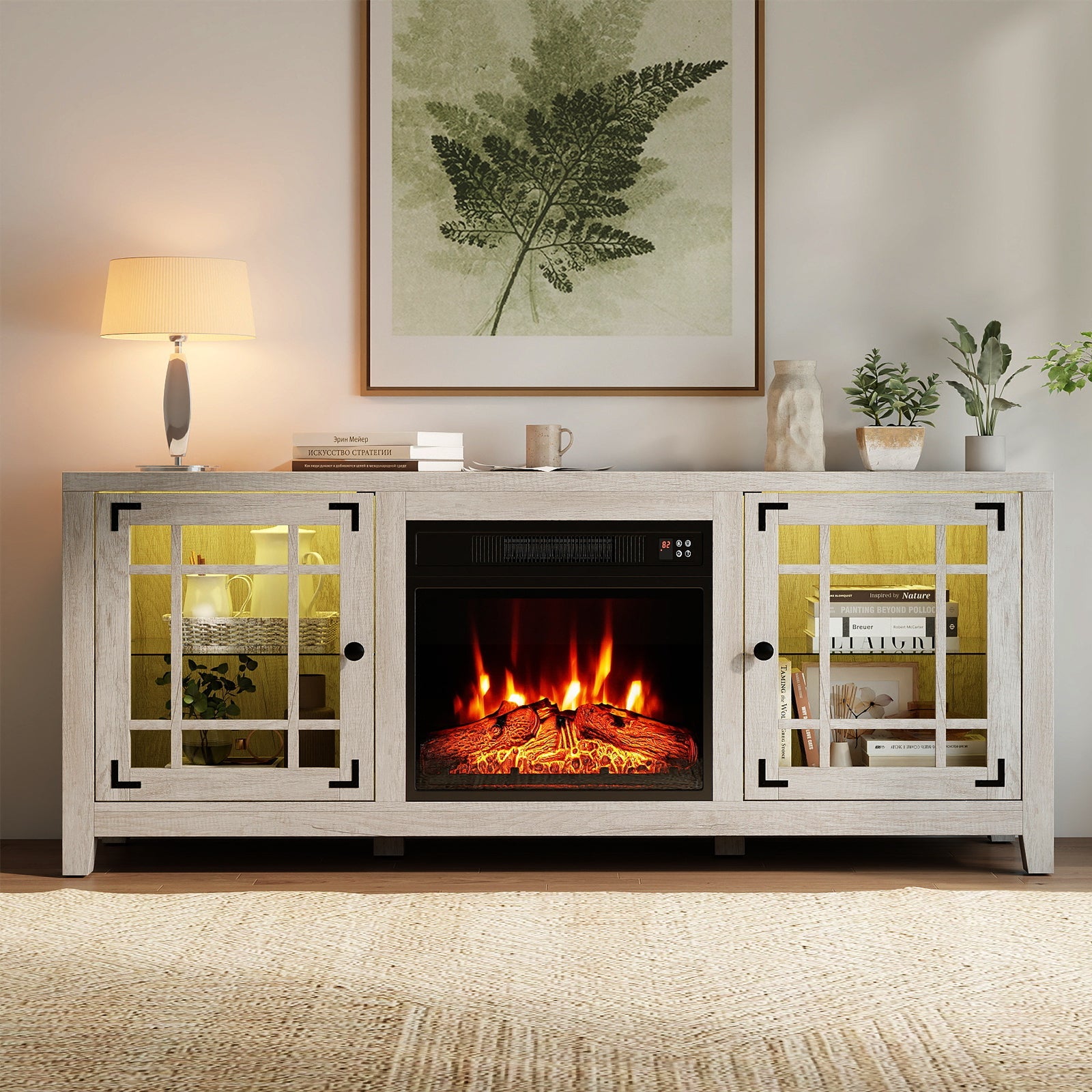 58" Fireplace TV Stand with LED Lights and 18" Electric Fireplace