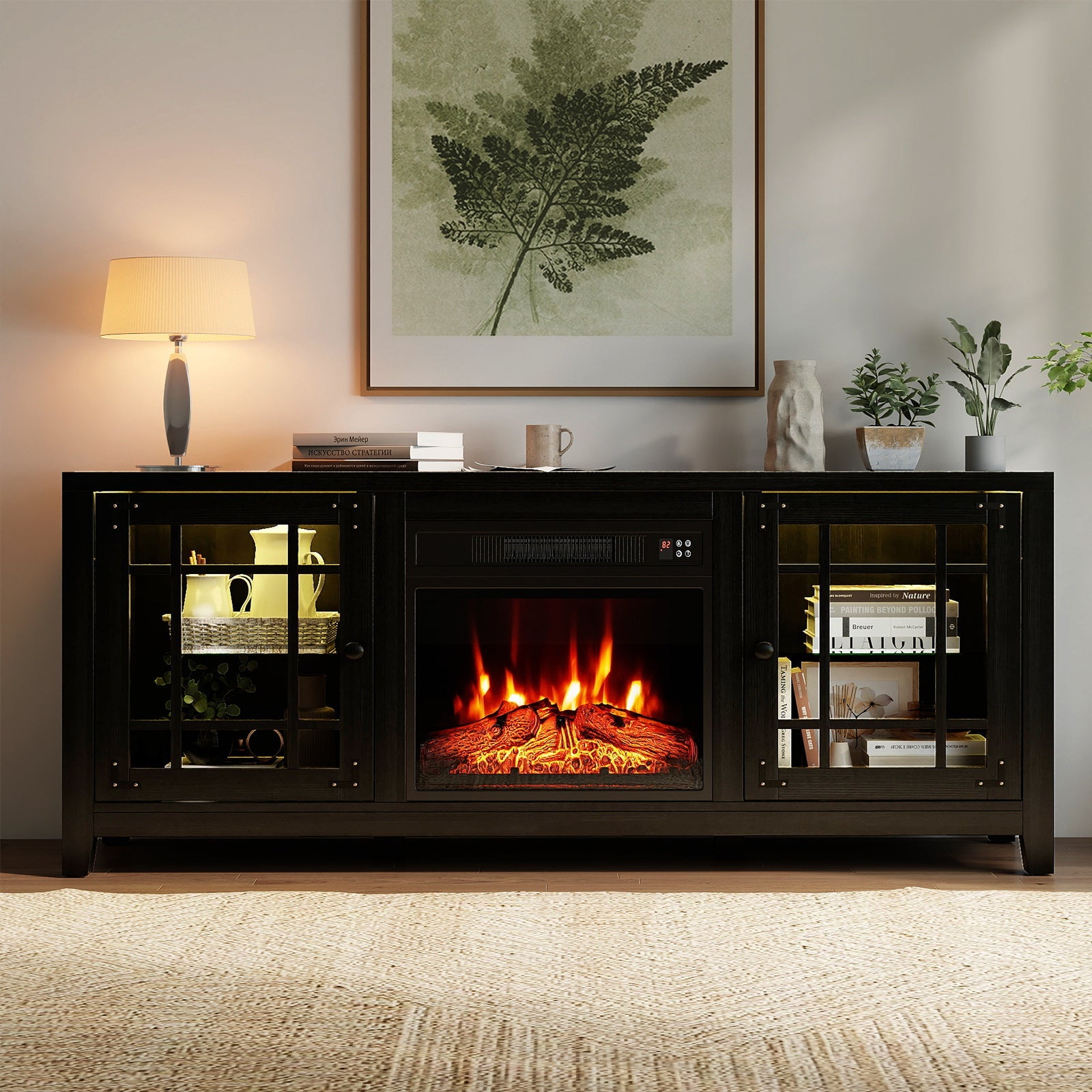 58" Fireplace TV Stand with LED Lights and 18" Electric Fireplace