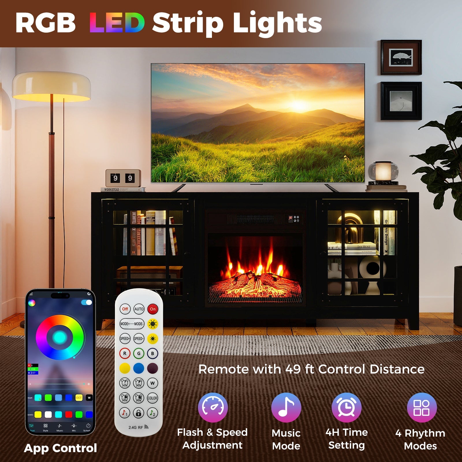 58" Fireplace TV Stand with LED Lights and 18" Electric Fireplace