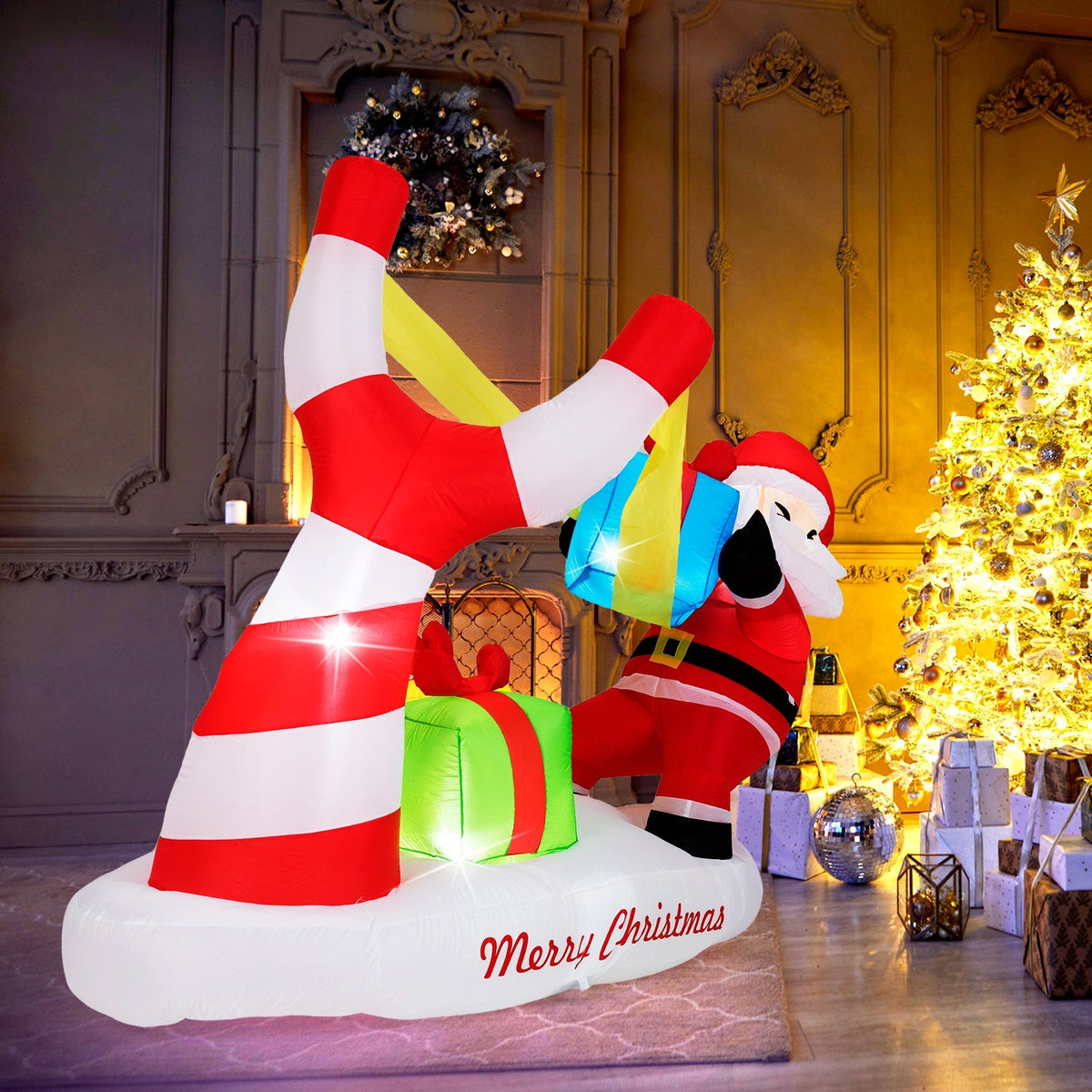 7 Feet Christmas Inflatables Santa with Slingshot and Built-in LED Lights Outdoor Decoration
