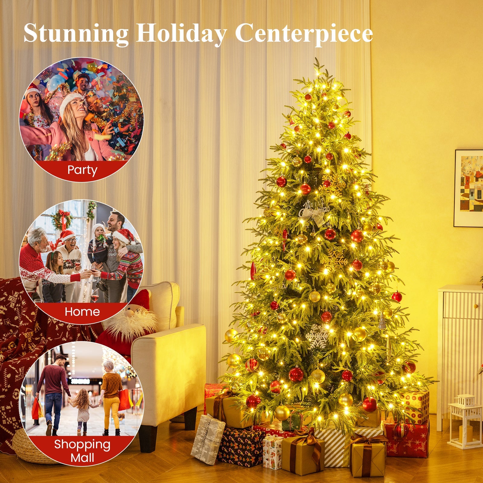 7 Feet Pre-Lit Artificial Christmas Tree Hinged Faux Xmas Tree with Soft Branch Tips