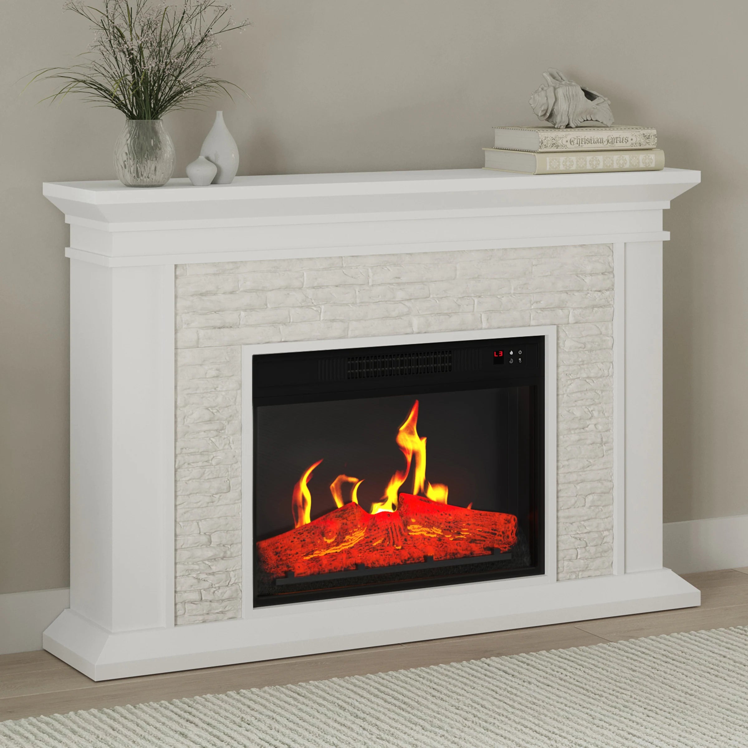 Electric Fireplace with Mantel, White