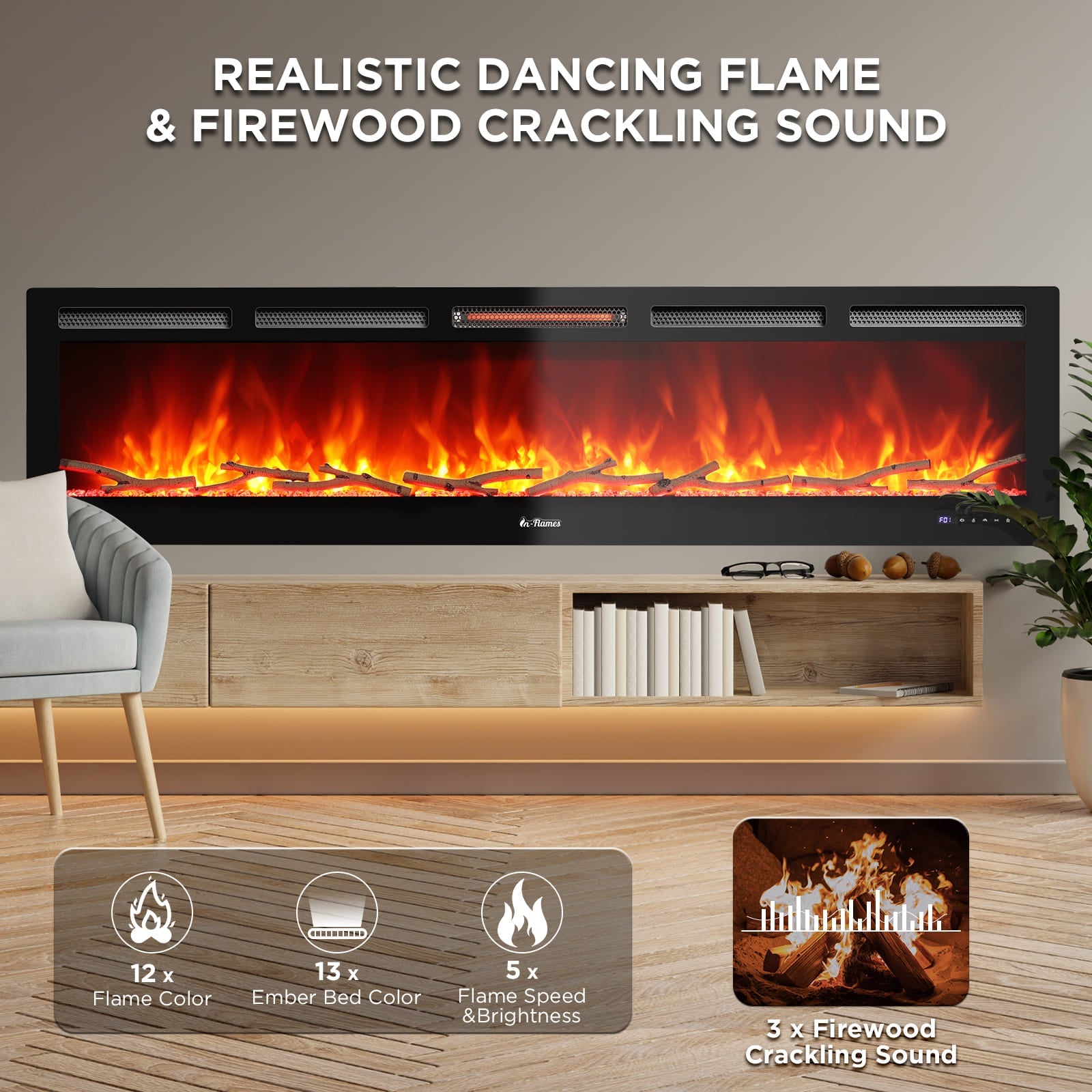 WiFi Smart Wall Mounted Electric Fireplace - Tempered Glass