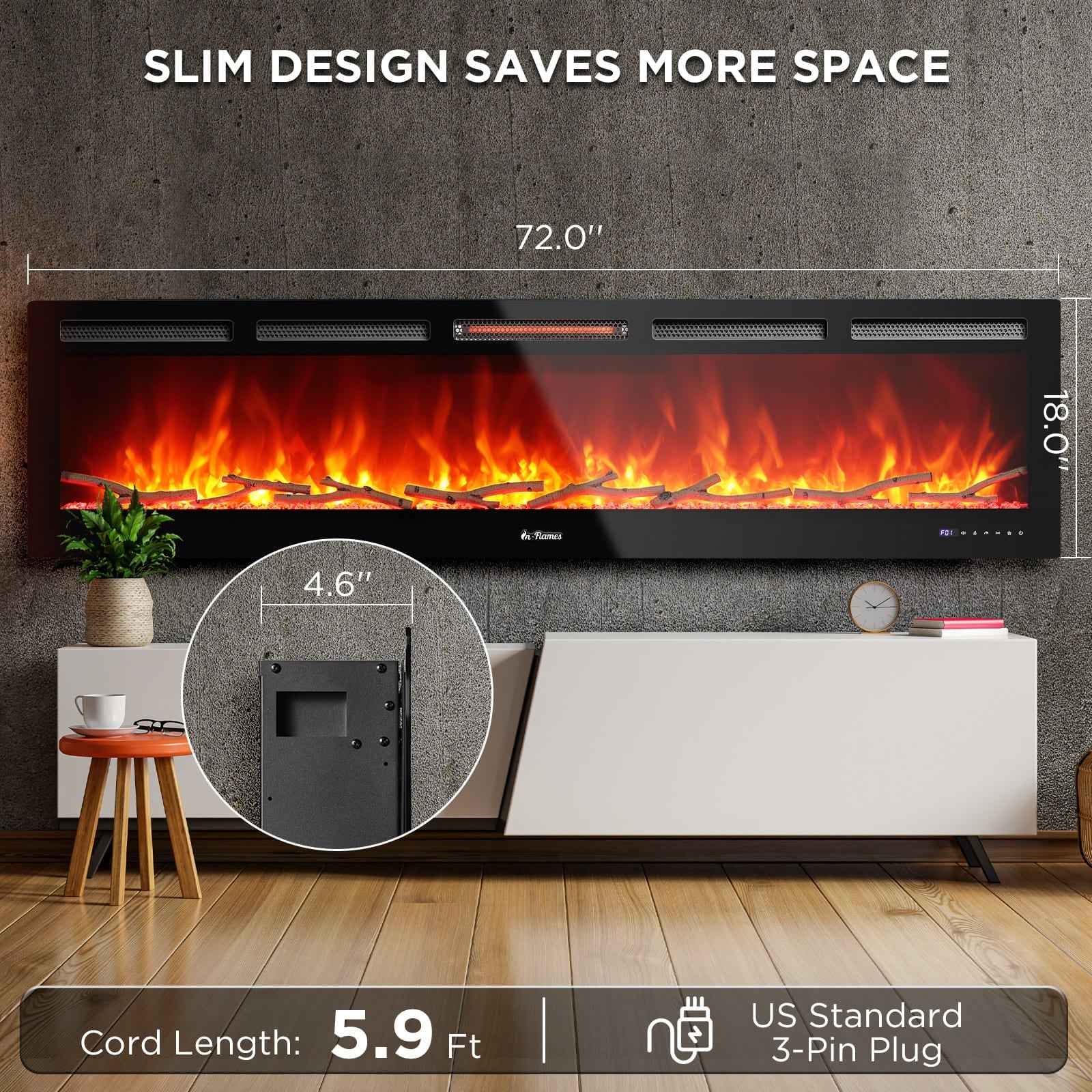 WiFi Smart Wall Mounted Electric Fireplace - Tempered Glass