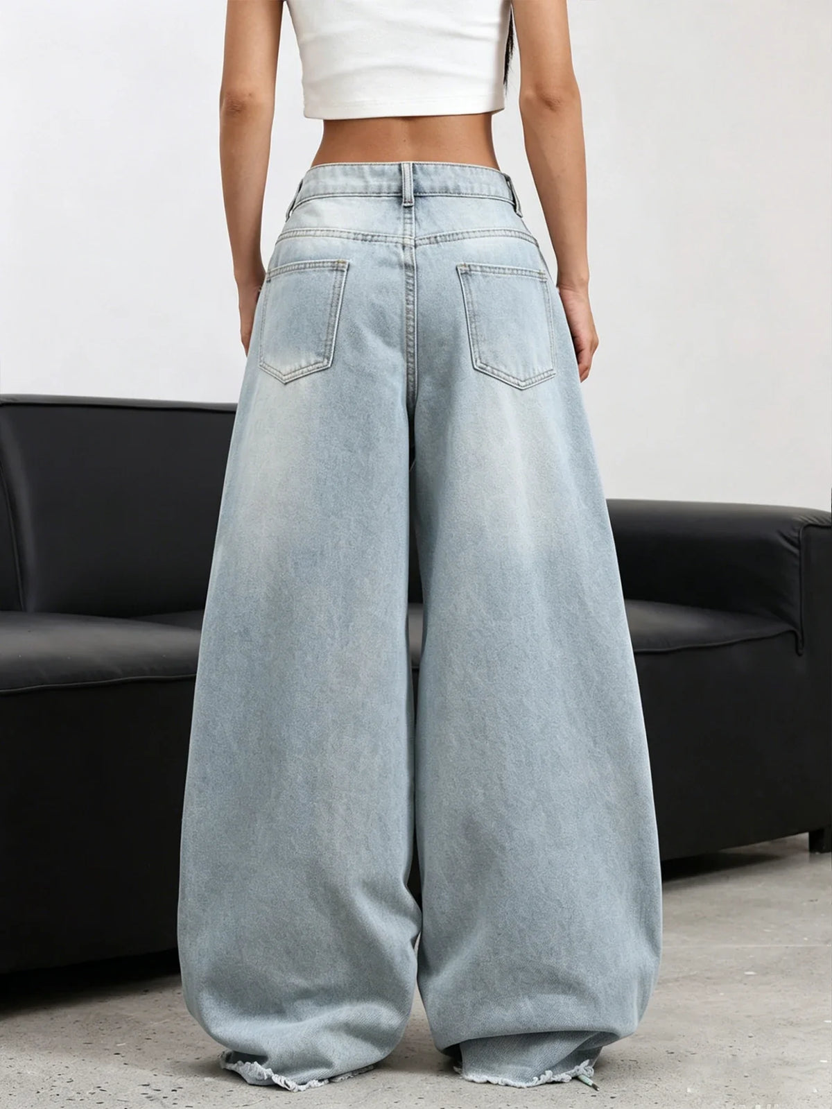 American Retro Plum Blossom Embroidery Design Blue Women's Loose Wide-Leg Jeans Y2K Street Fashion Versatile Straight Trousers