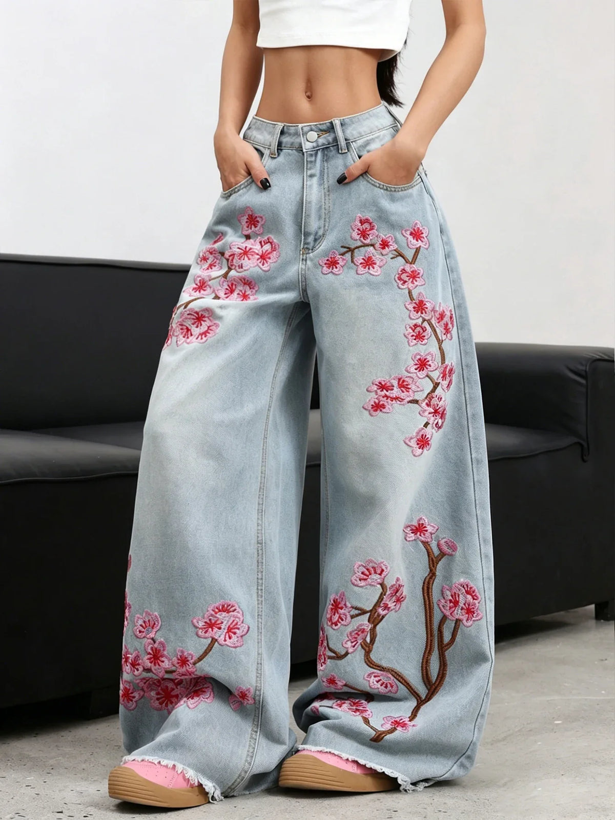 American Retro Plum Blossom Embroidery Design Blue Women's Loose Wide-Leg Jeans Y2K Street Fashion Versatile Straight Trousers