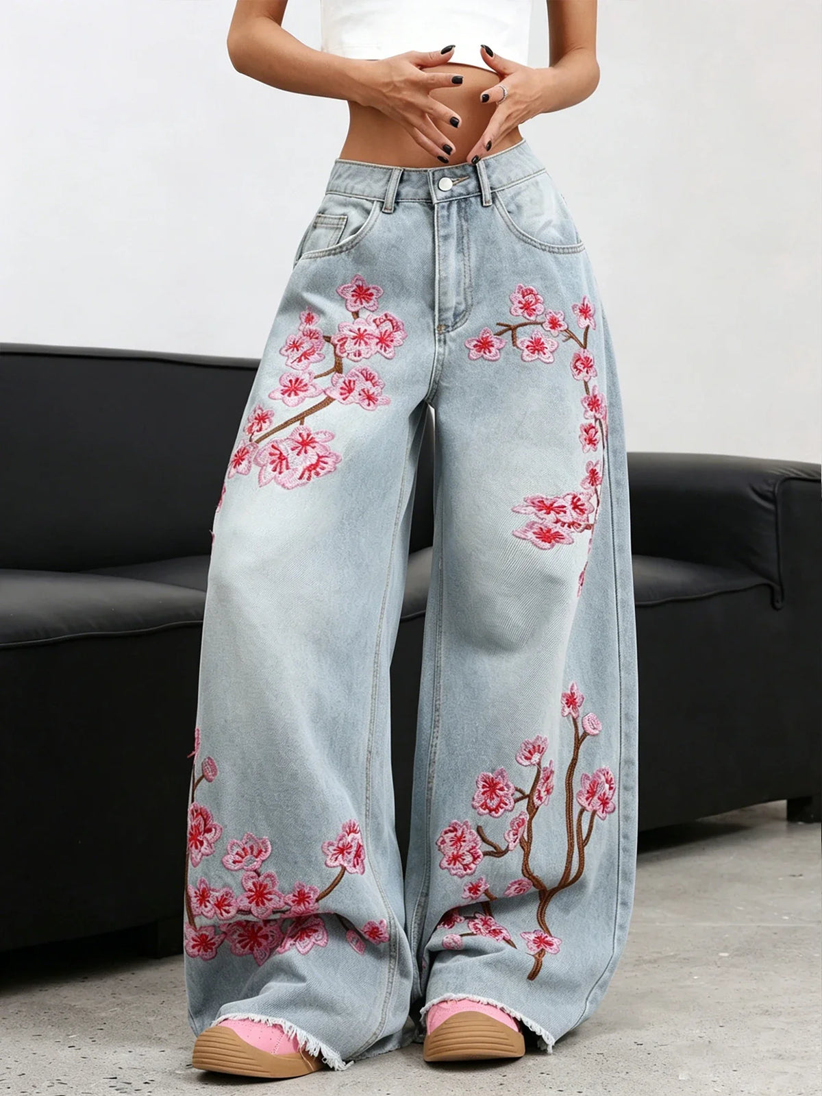 American Retro Plum Blossom Embroidery Design Blue Women's Loose Wide-Leg Jeans Y2K Street Fashion Versatile Straight Trousers