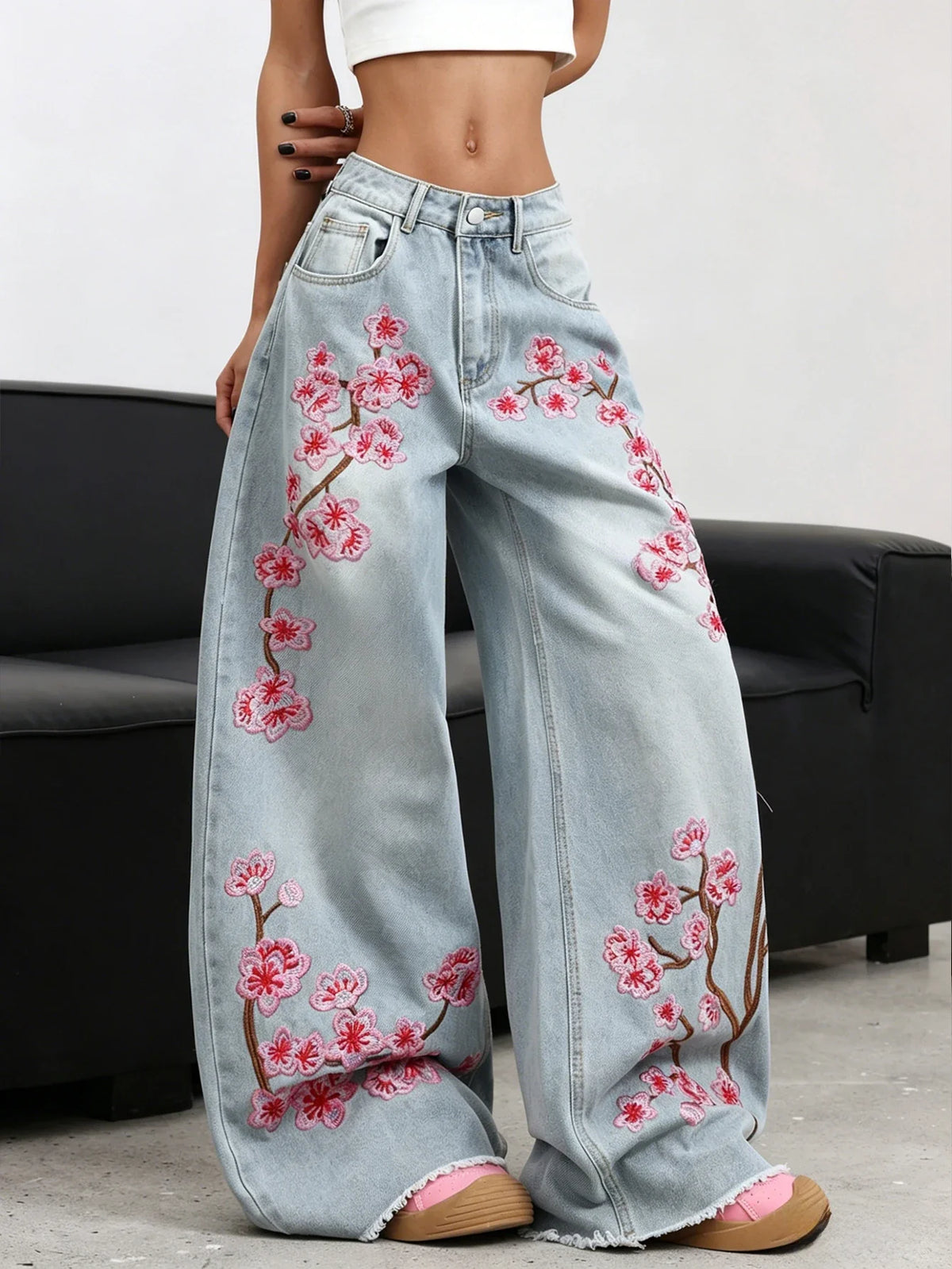 American Retro Plum Blossom Embroidery Design Blue Women's Loose Wide-Leg Jeans Y2K Street Fashion Versatile Straight Trousers