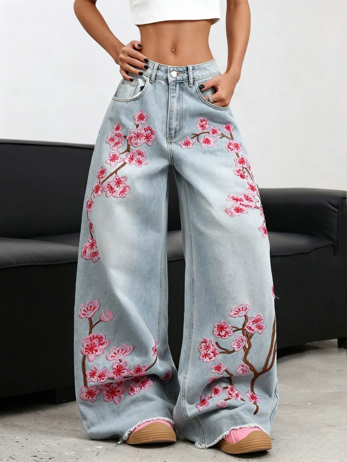 American Retro Plum Blossom Embroidery Design Blue Women's Loose Wide-Leg Jeans Y2K Street Fashion Versatile Straight Trousers