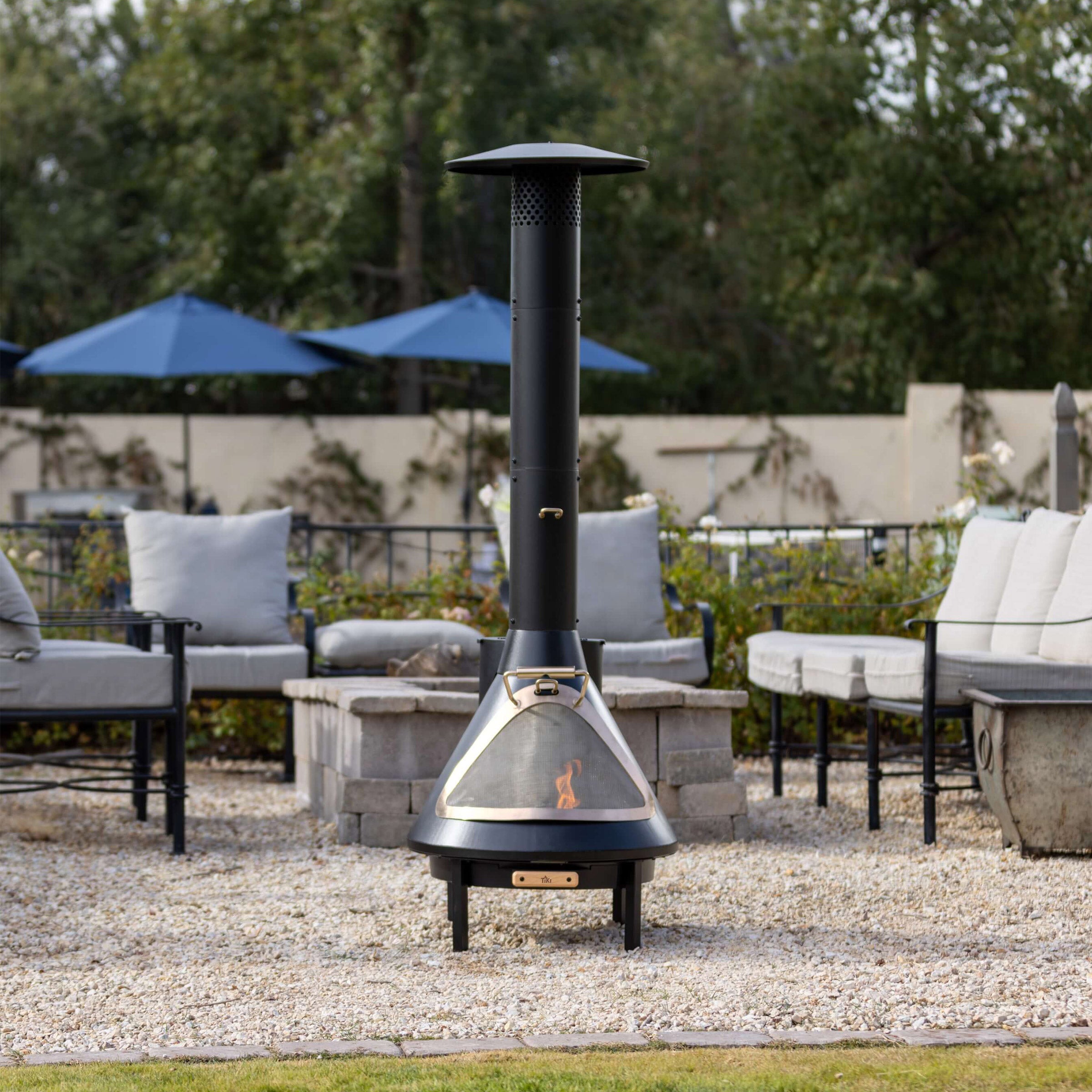 TIKI Brand 70 Inch Chiminea Outdoor Fireplace and Pellet Hopper