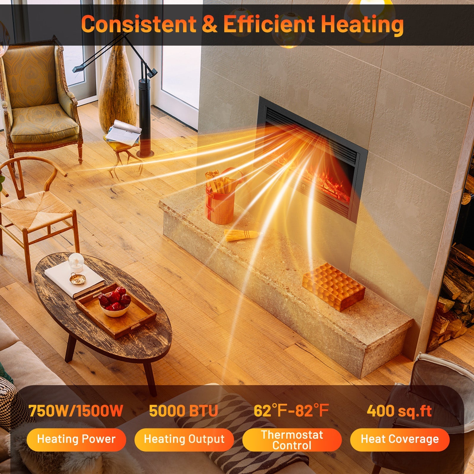 33/36-Inch Electric Fireplace Insert 750W/1500W Recessed Fireplace Heater