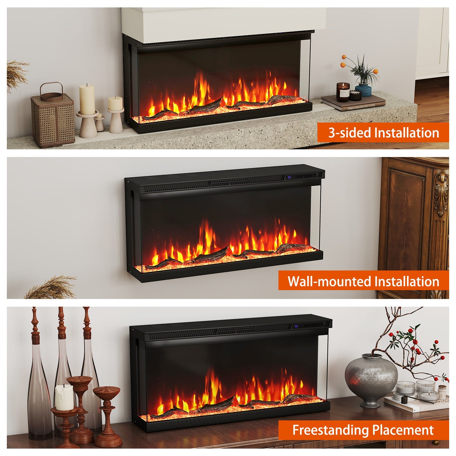 36/40/50/60 Inch Wide 3-Sided Electric Fireplace Insert with Remote Control and 12 Flame Colors