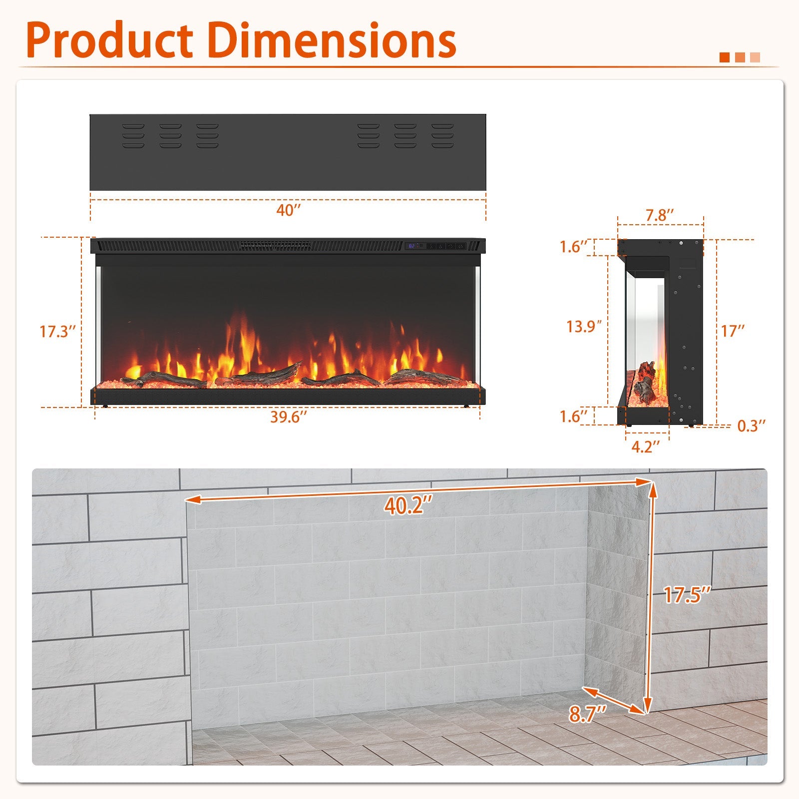 36/40/50/60 Inch Wide 3-Sided Electric Fireplace Insert with Remote Control and 12 Flame Colors