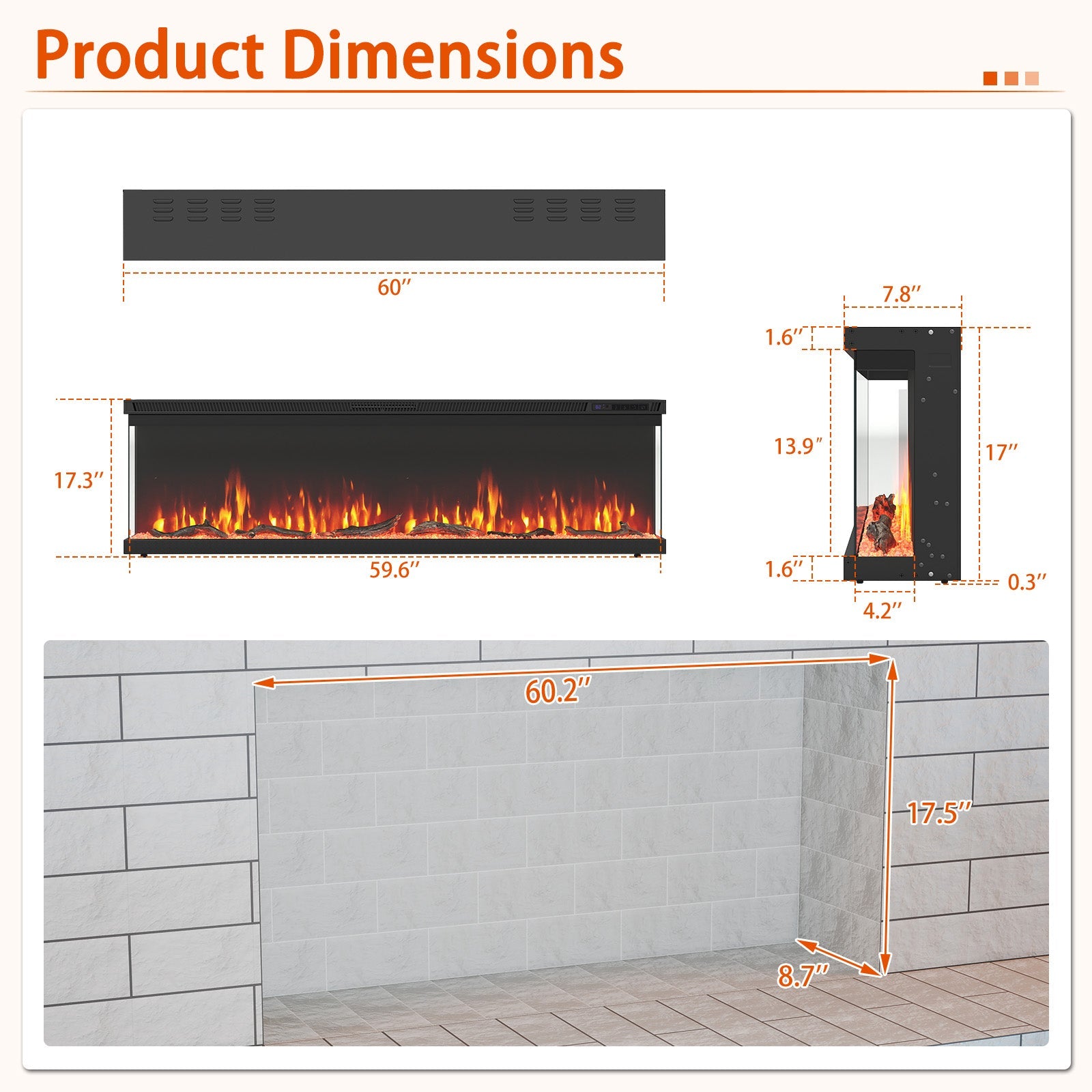 36/40/50/60 Inch Wide 3-Sided Electric Fireplace Insert with Remote Control and 12 Flame Colors