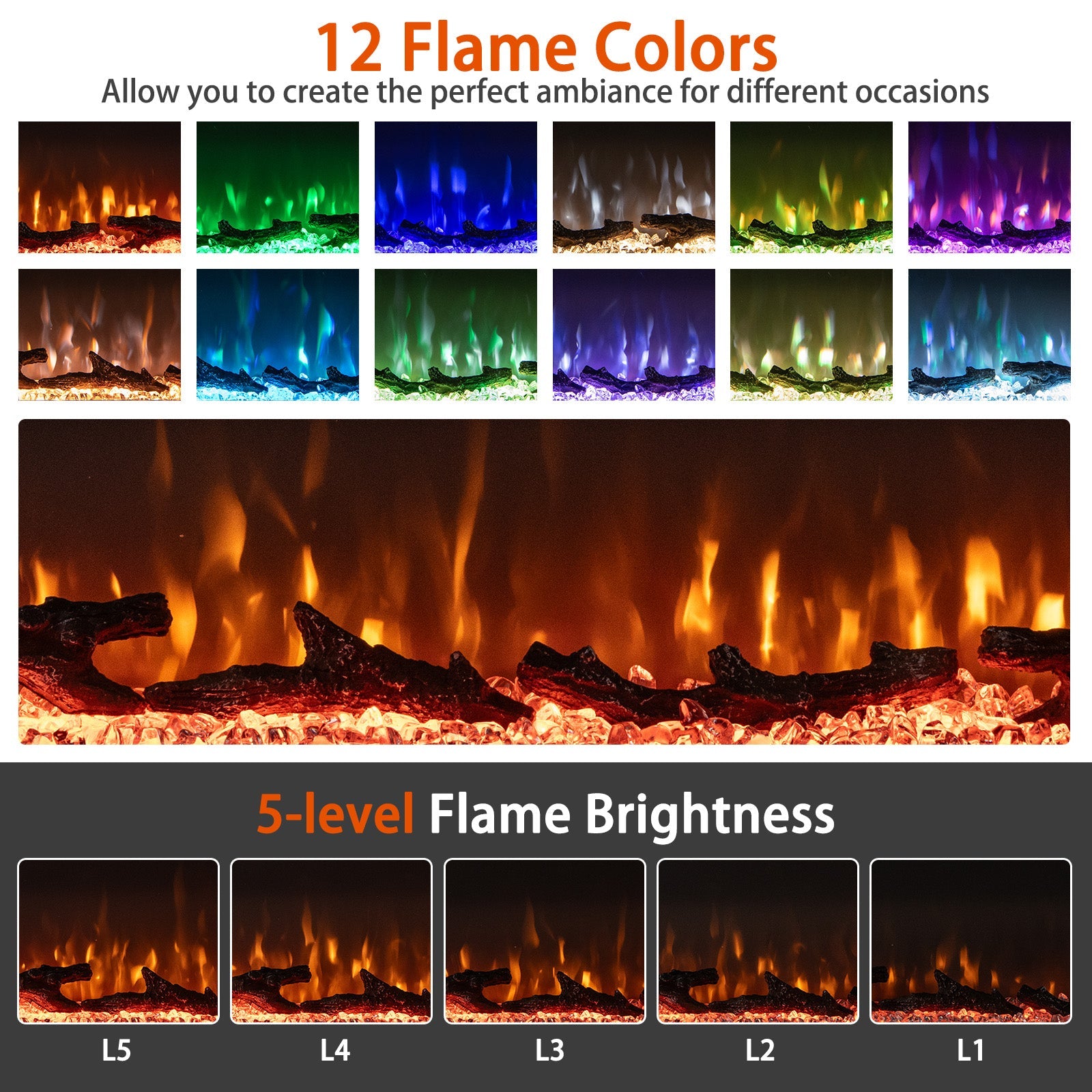 36/40/50/60 Inch Wide 3-Sided Electric Fireplace Insert with Remote Control and 12 Flame Colors
