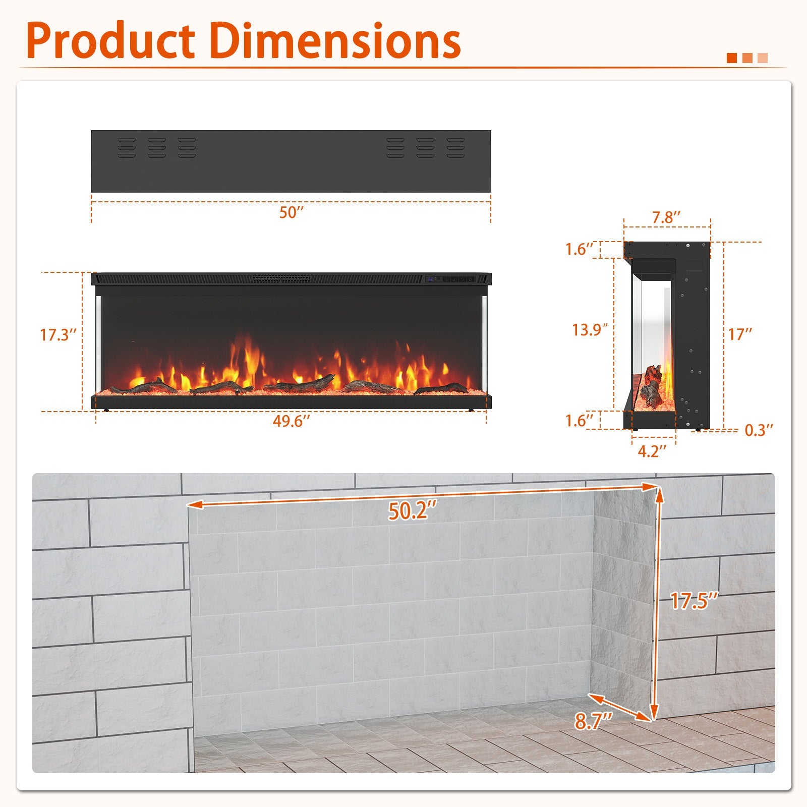 36/40/50/60 Inch Wide 3-Sided Electric Fireplace Insert with Remote Control and 12 Flame Colors