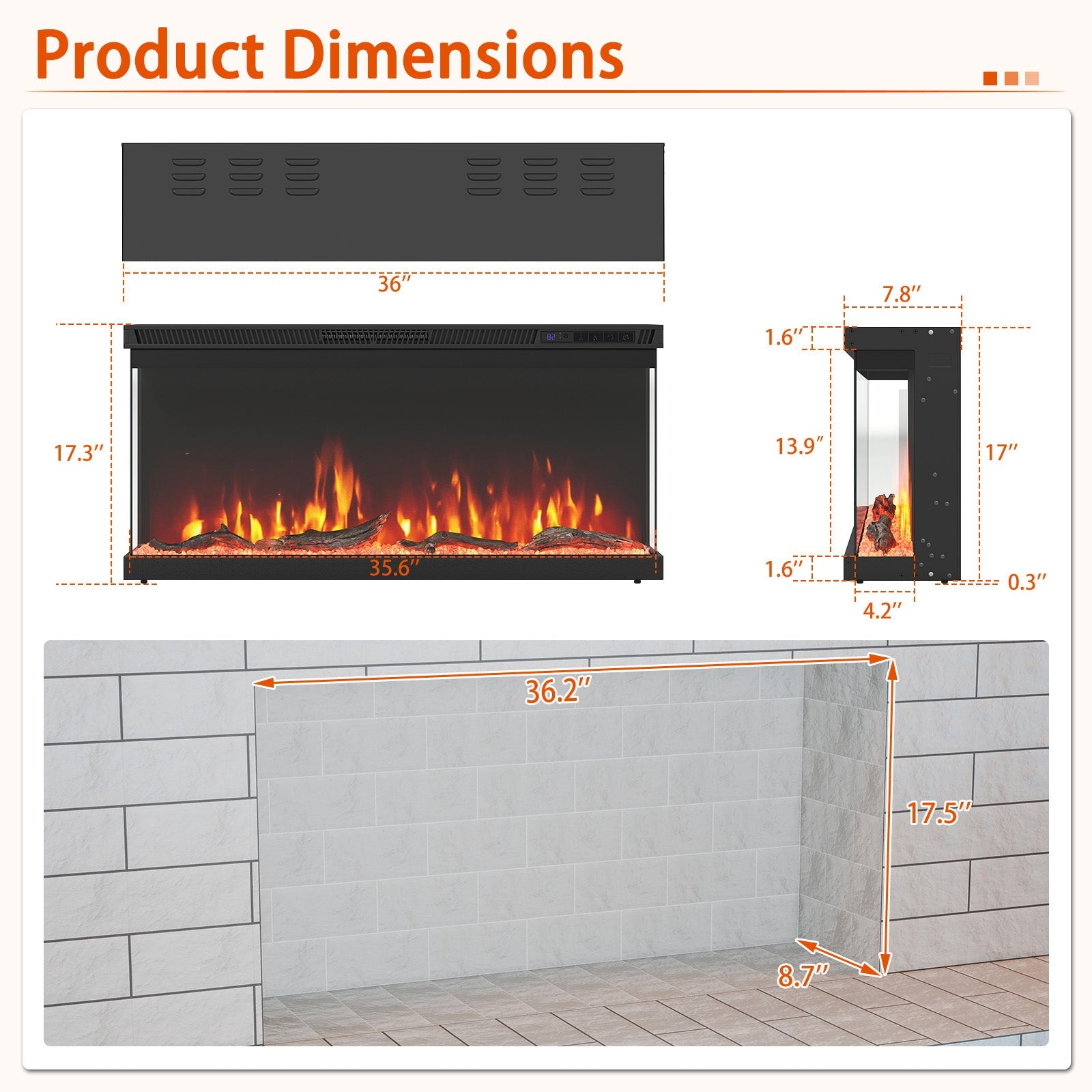 36/40/50/60 Inch Wide 3-Sided Electric Fireplace Insert with Remote Control and 12 Flame Colors
