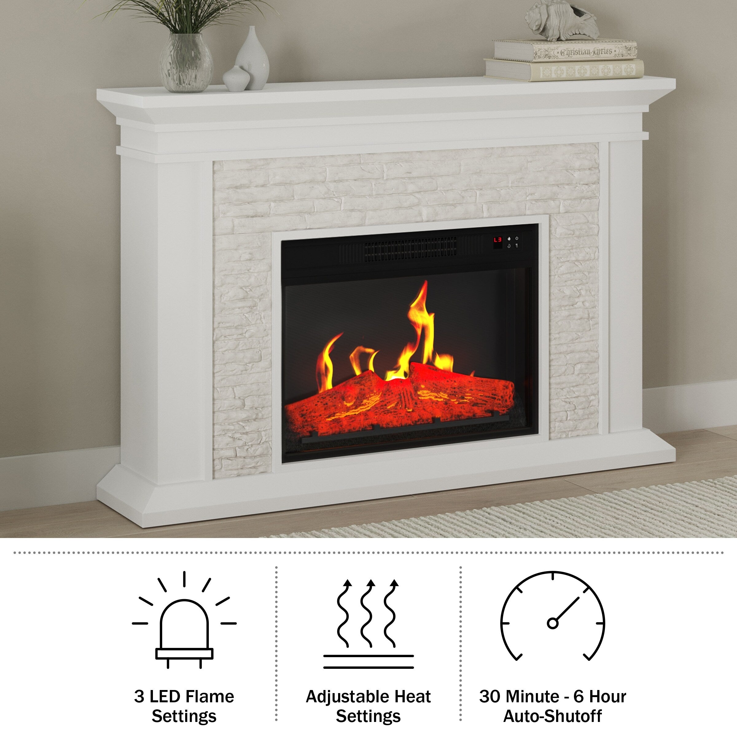 Electric Fireplace with Mantel, White