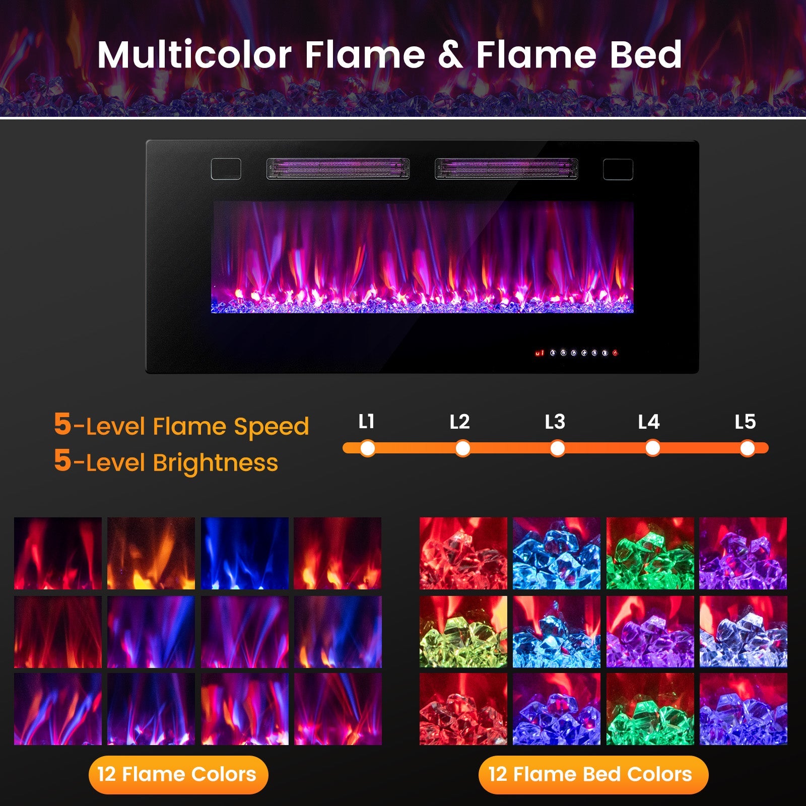 42/50/60/72 Inch Ultra-Thin Electric Fireplace with Decorative Crystals-50 inches