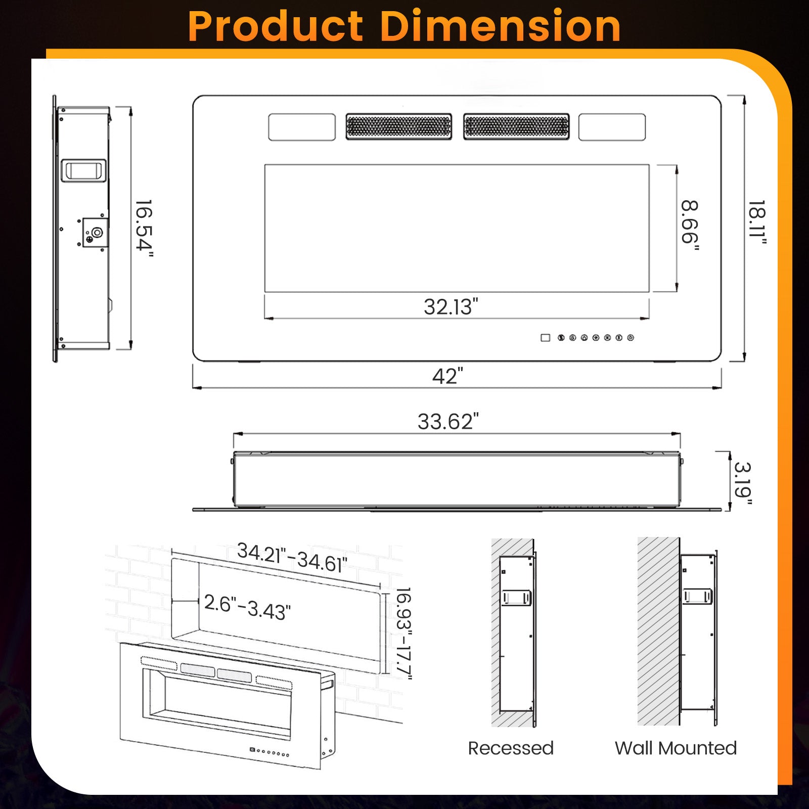 42/50/60/72 Inch Ultra-Thin Electric Fireplace with Decorative Crystals-50 inches