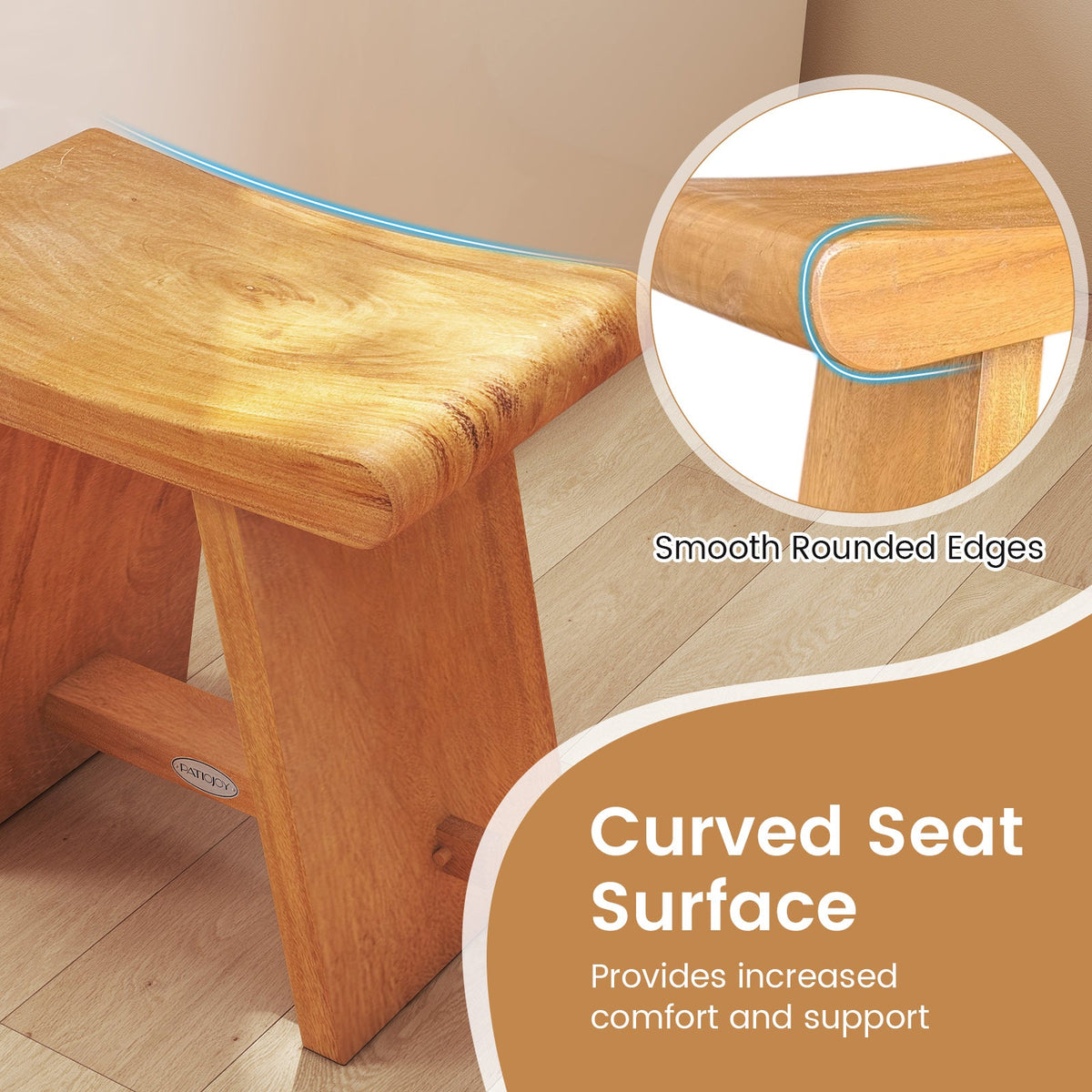 19.5 Inch Teak Shower Bench with Curved Seat for Shaving Legs