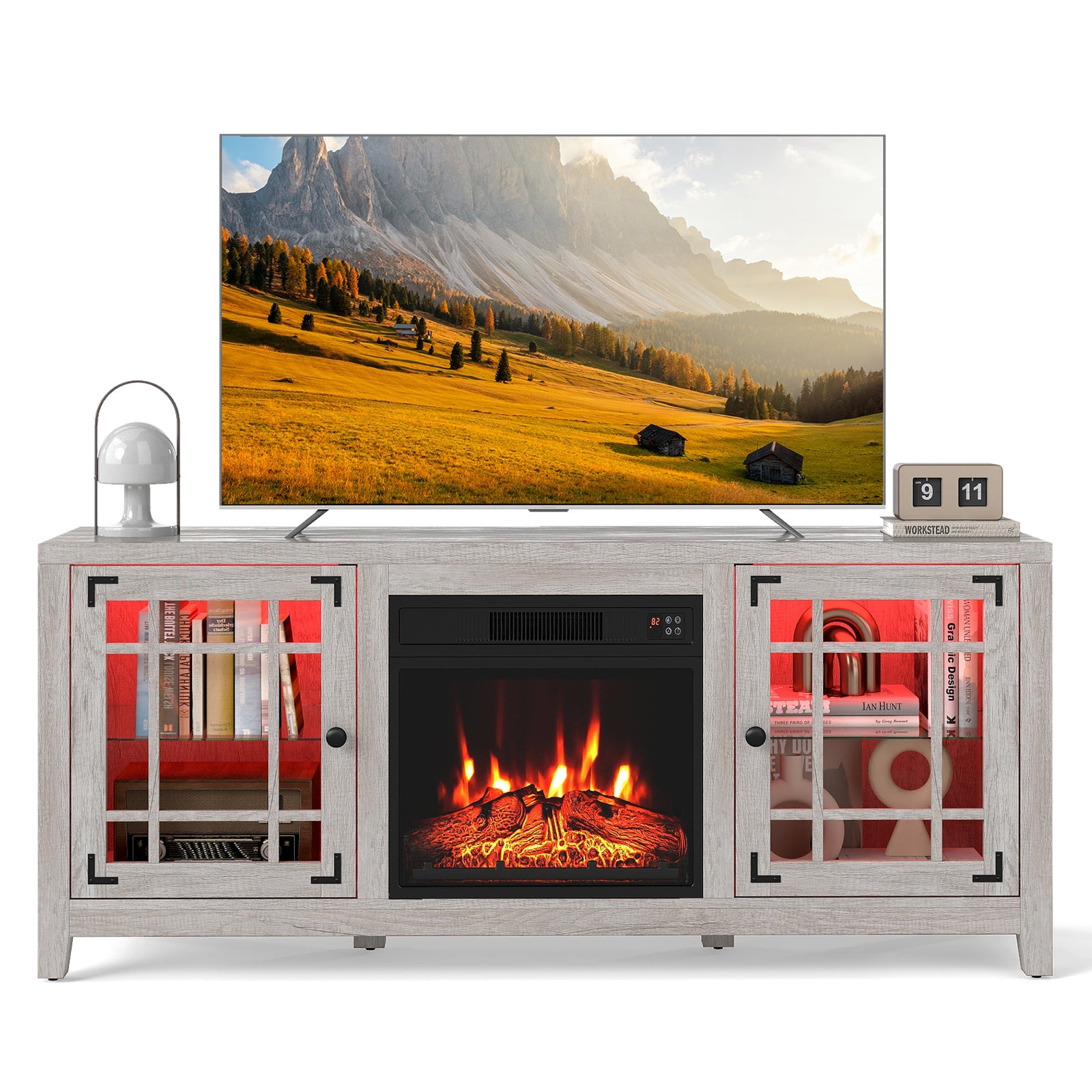 58" Fireplace TV Stand with LED Lights and 18" Electric Fireplace