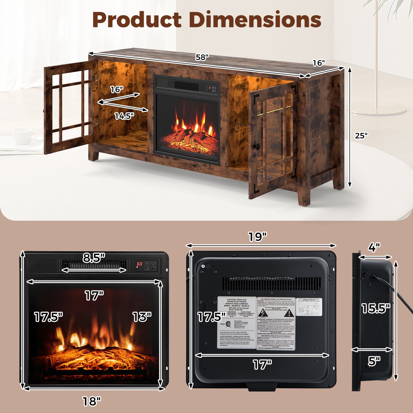 58" Fireplace TV Stand with LED Lights and 18" Electric Fireplace