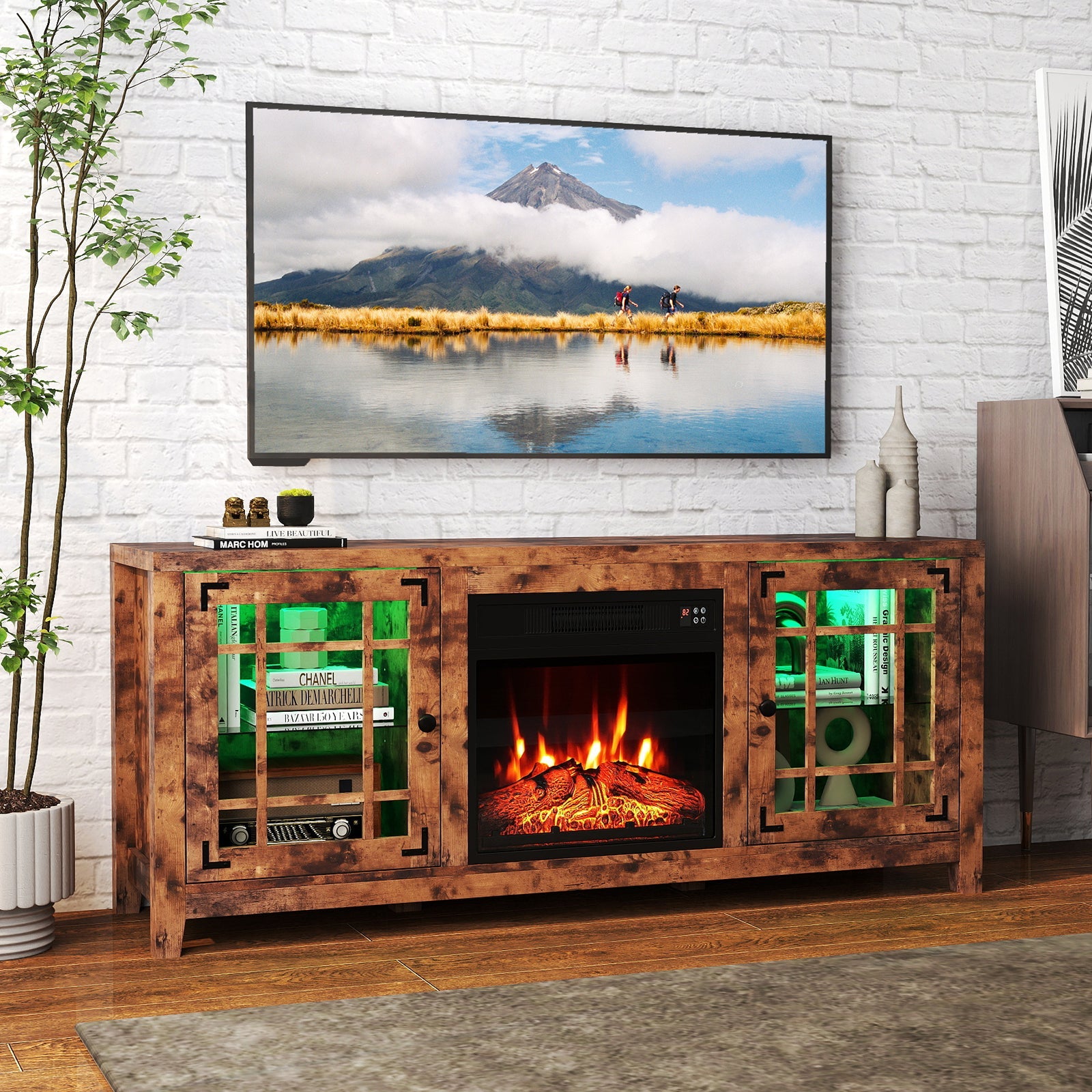 58" Fireplace TV Stand with LED Lights and 18" Electric Fireplace