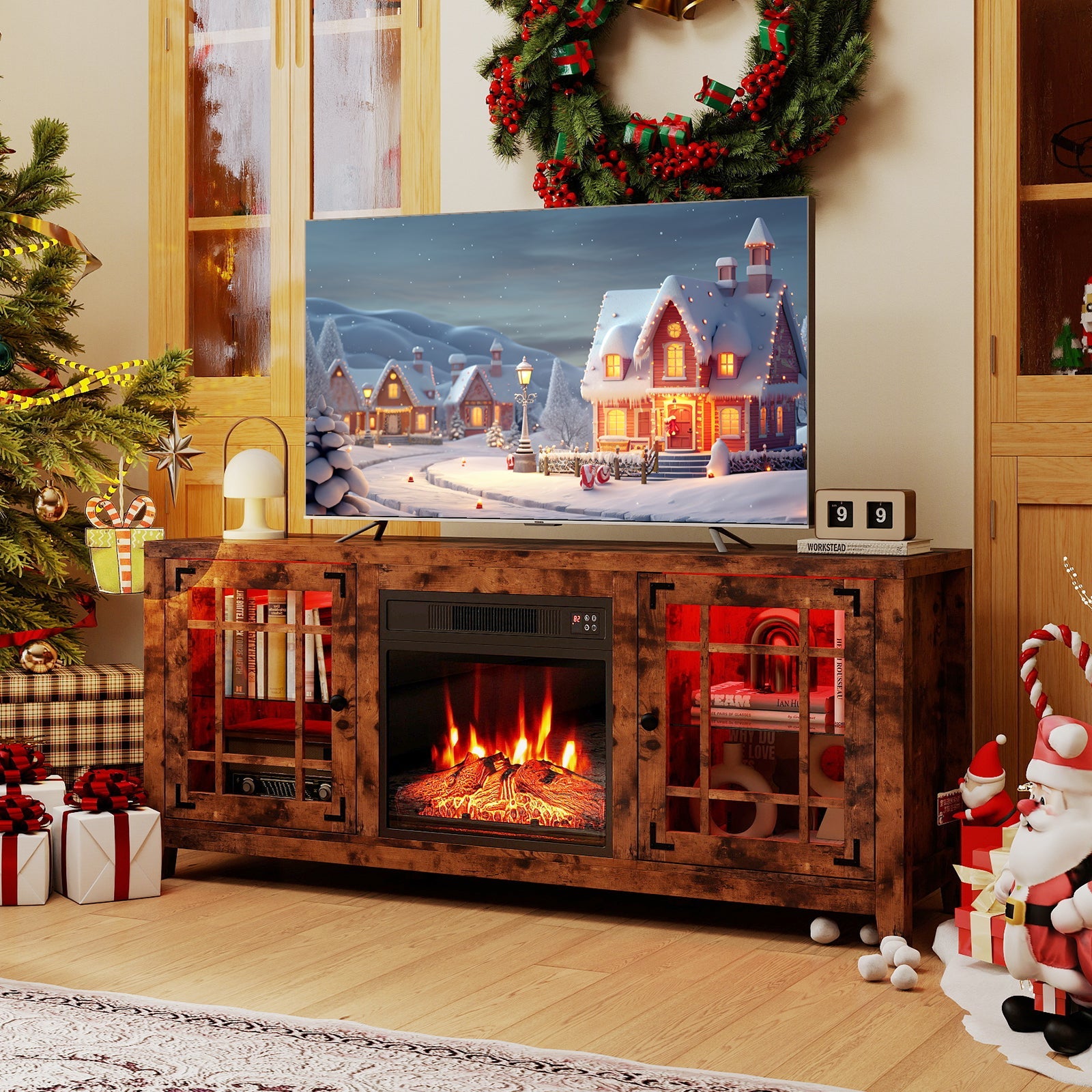 58" Fireplace TV Stand with LED Lights and 18" Electric Fireplace