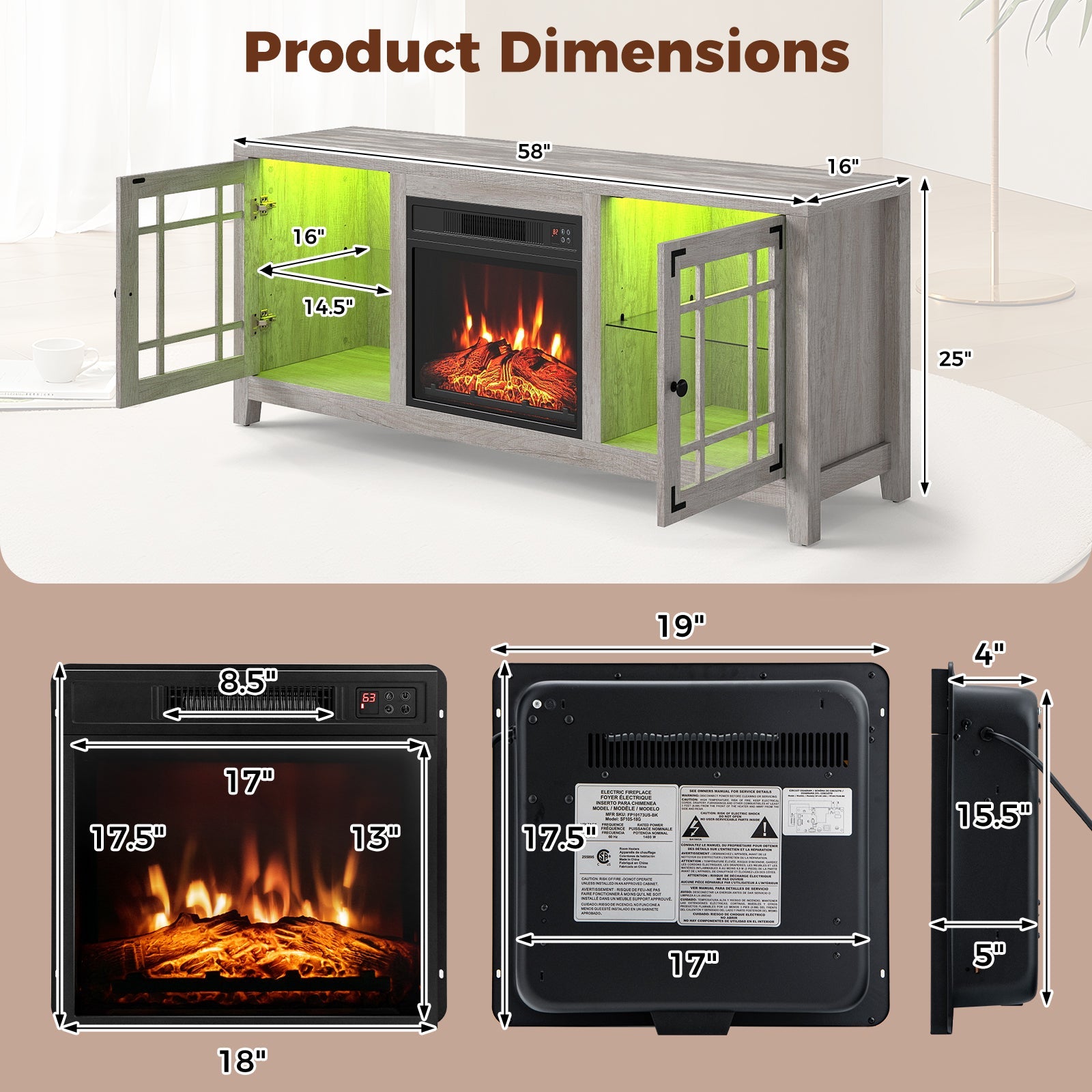58" Fireplace TV Stand with LED Lights and 18" Electric Fireplace