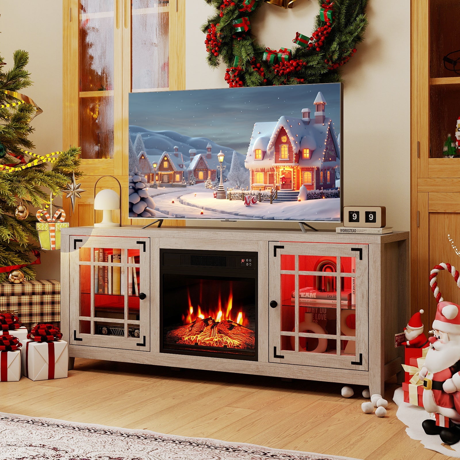 58" Fireplace TV Stand with LED Lights and 18" Electric Fireplace