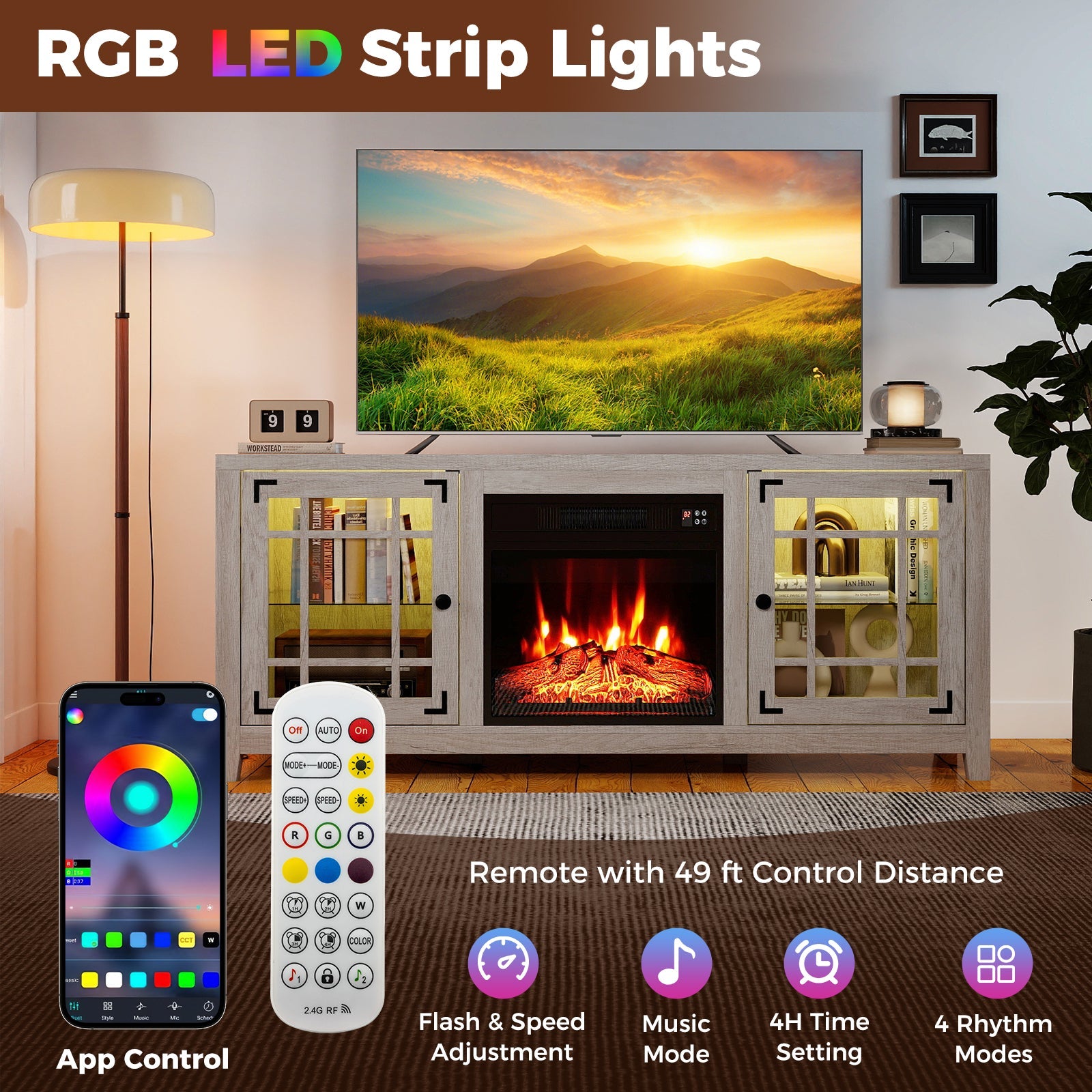 58" Fireplace TV Stand with LED Lights and 18" Electric Fireplace