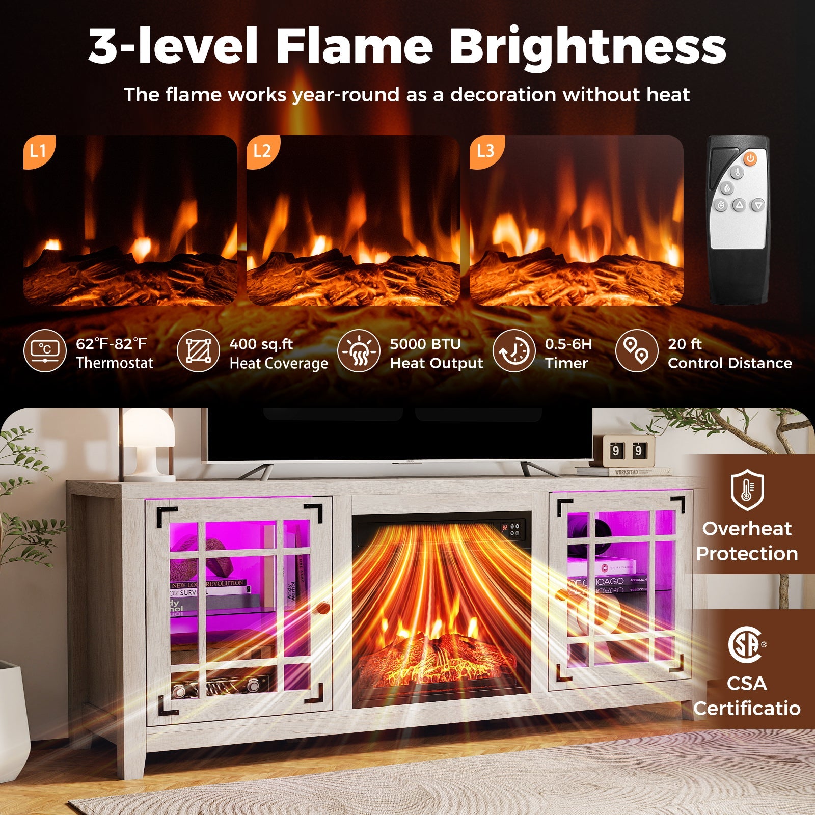58" Fireplace TV Stand with LED Lights and 18" Electric Fireplace