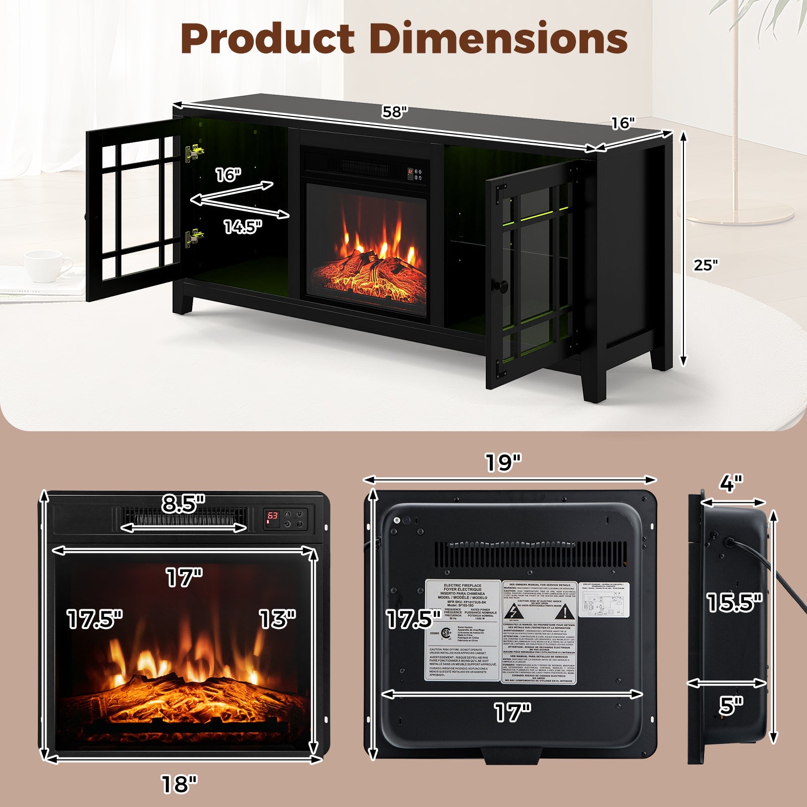 58" Fireplace TV Stand with LED Lights and 18" Electric Fireplace