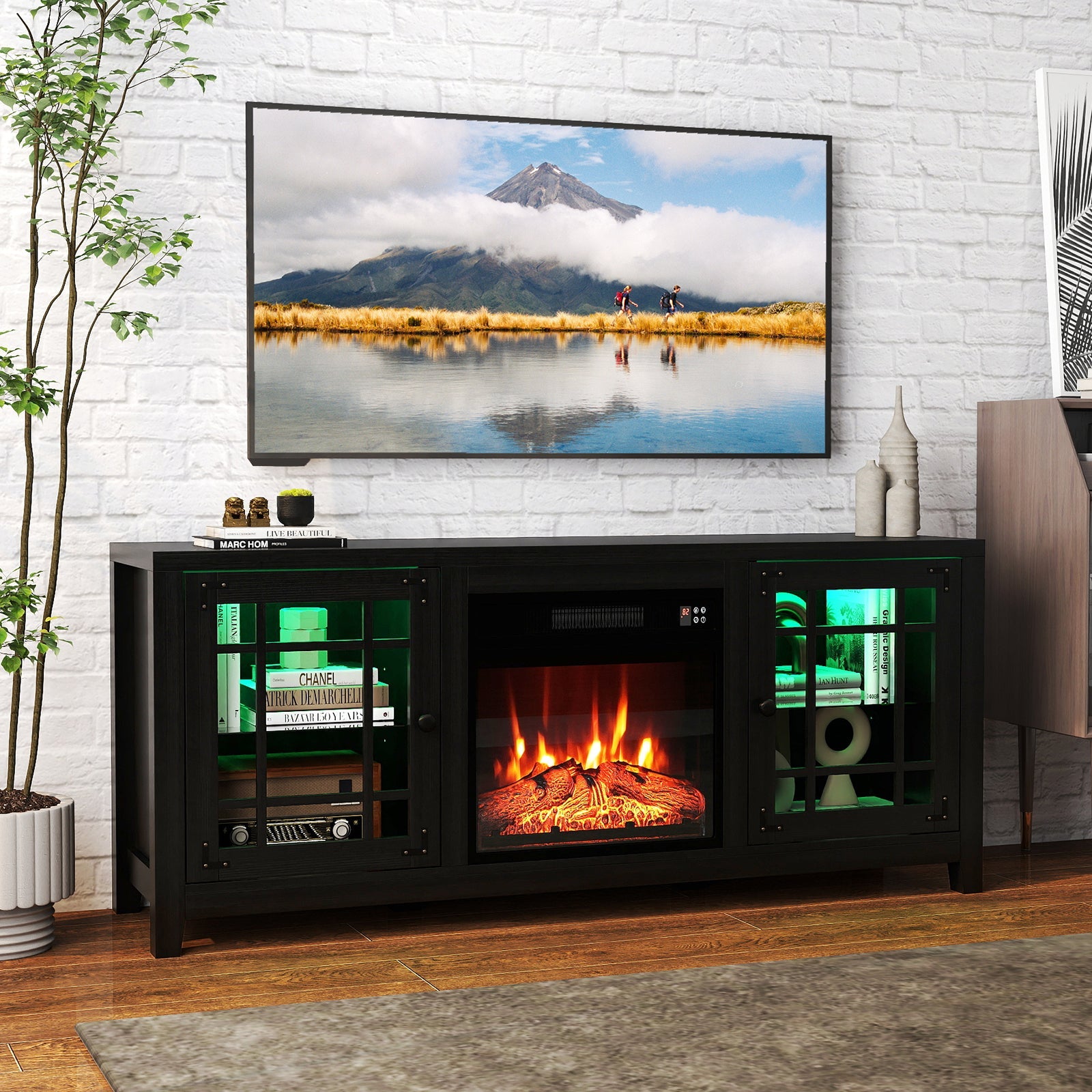 58" Fireplace TV Stand with LED Lights and 18" Electric Fireplace