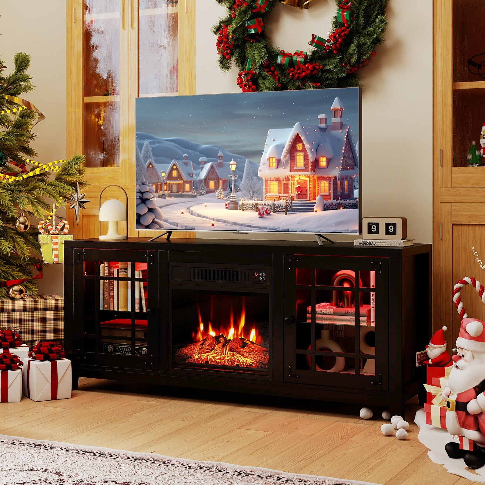58" Fireplace TV Stand with LED Lights and 18" Electric Fireplace
