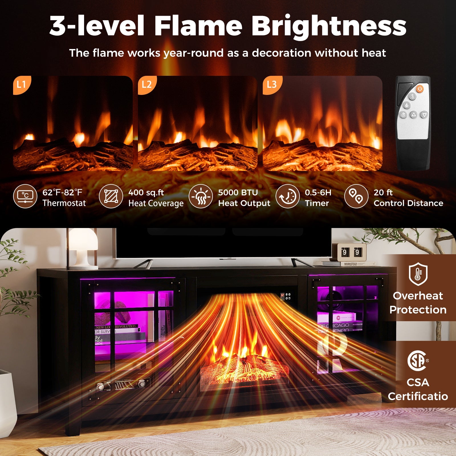 58" Fireplace TV Stand with LED Lights and 18" Electric Fireplace