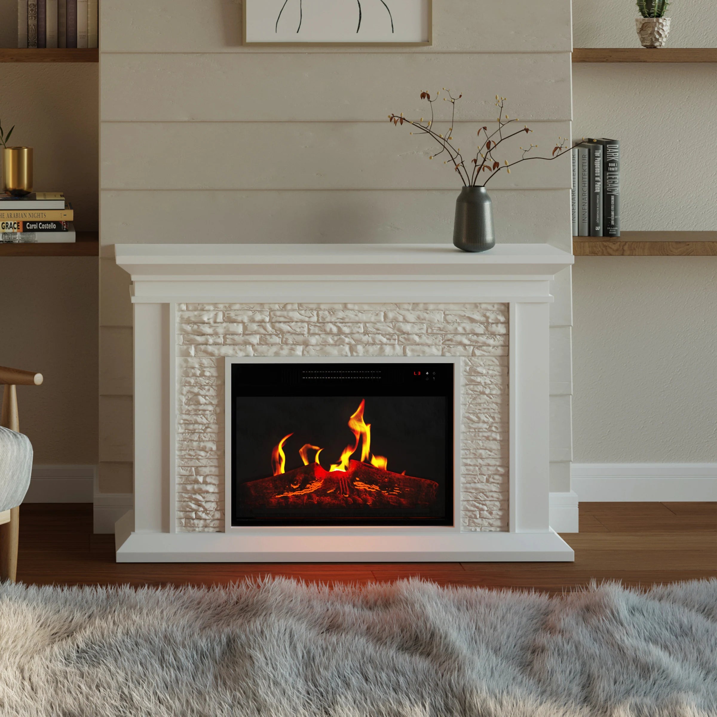 Electric Fireplace with Mantel, White