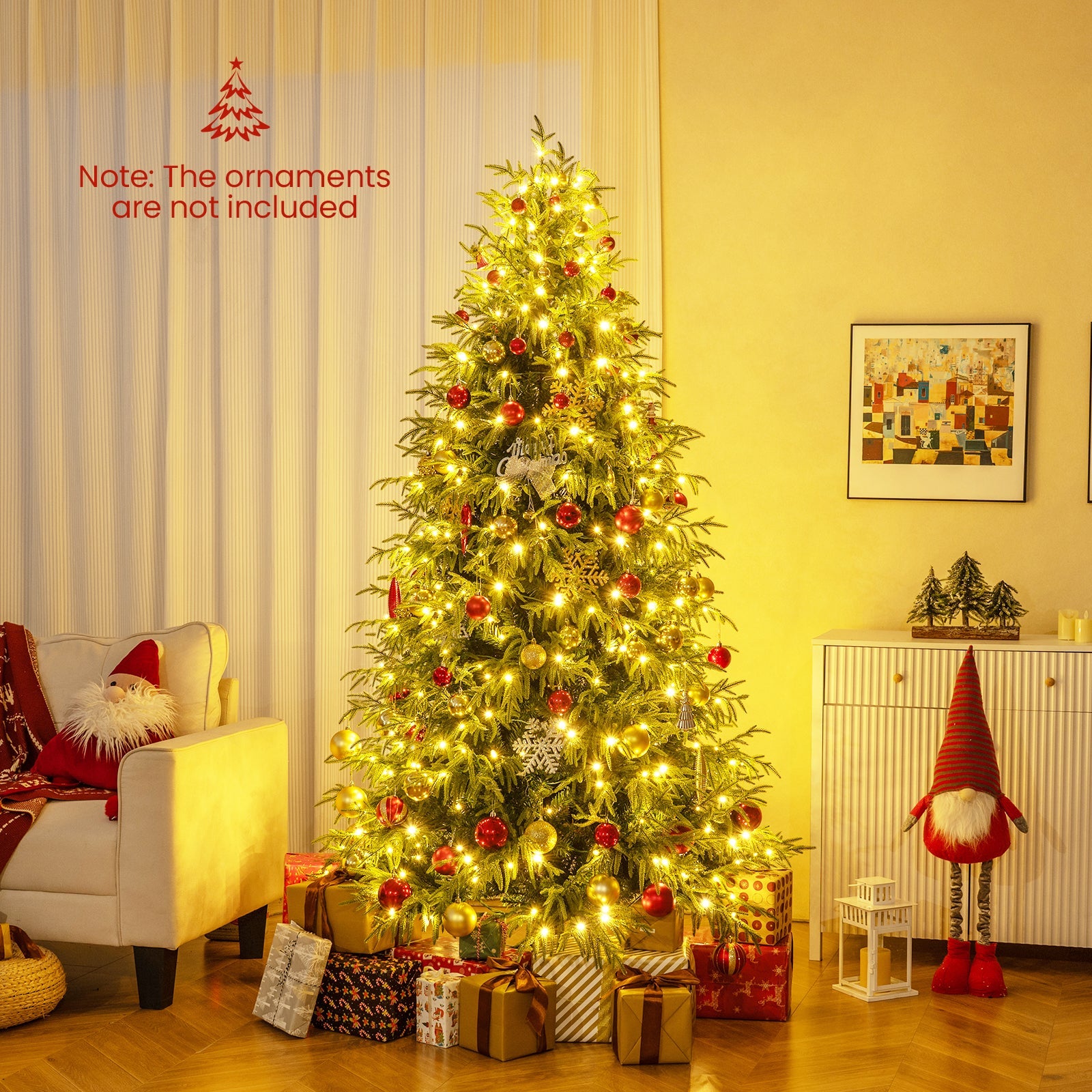 7 Feet Pre-Lit Artificial Christmas Tree Hinged Faux Xmas Tree with Soft Branch Tips