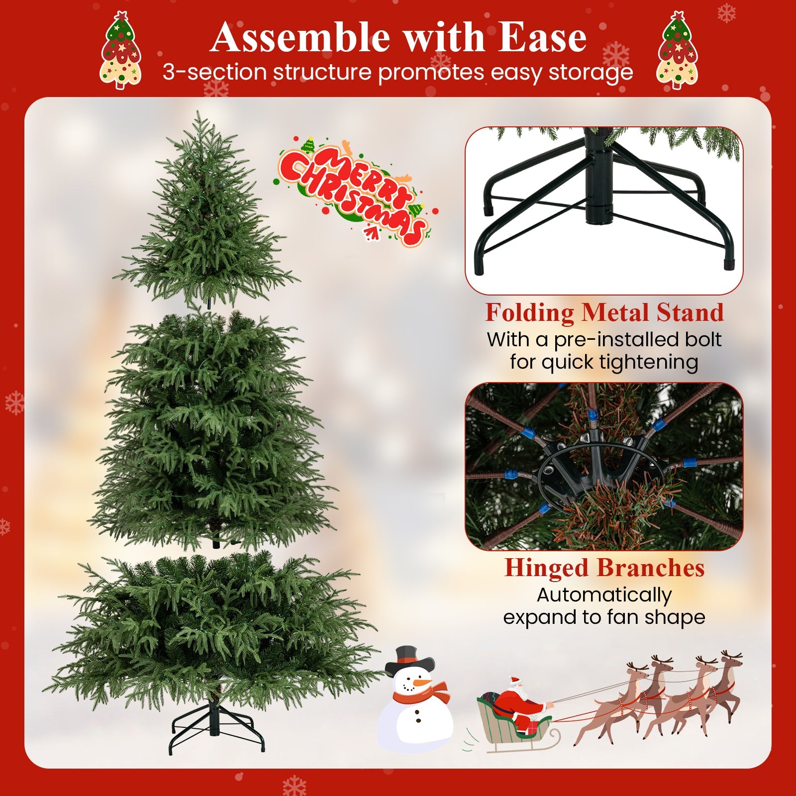 7 Feet Pre-Lit Artificial Christmas Tree Hinged Faux Xmas Tree with Soft Branch Tips