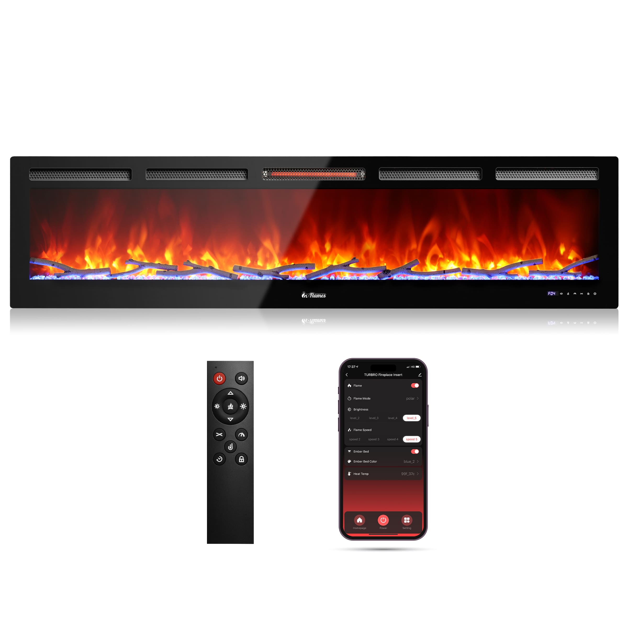 WiFi Smart Wall Mounted Electric Fireplace - Tempered Glass