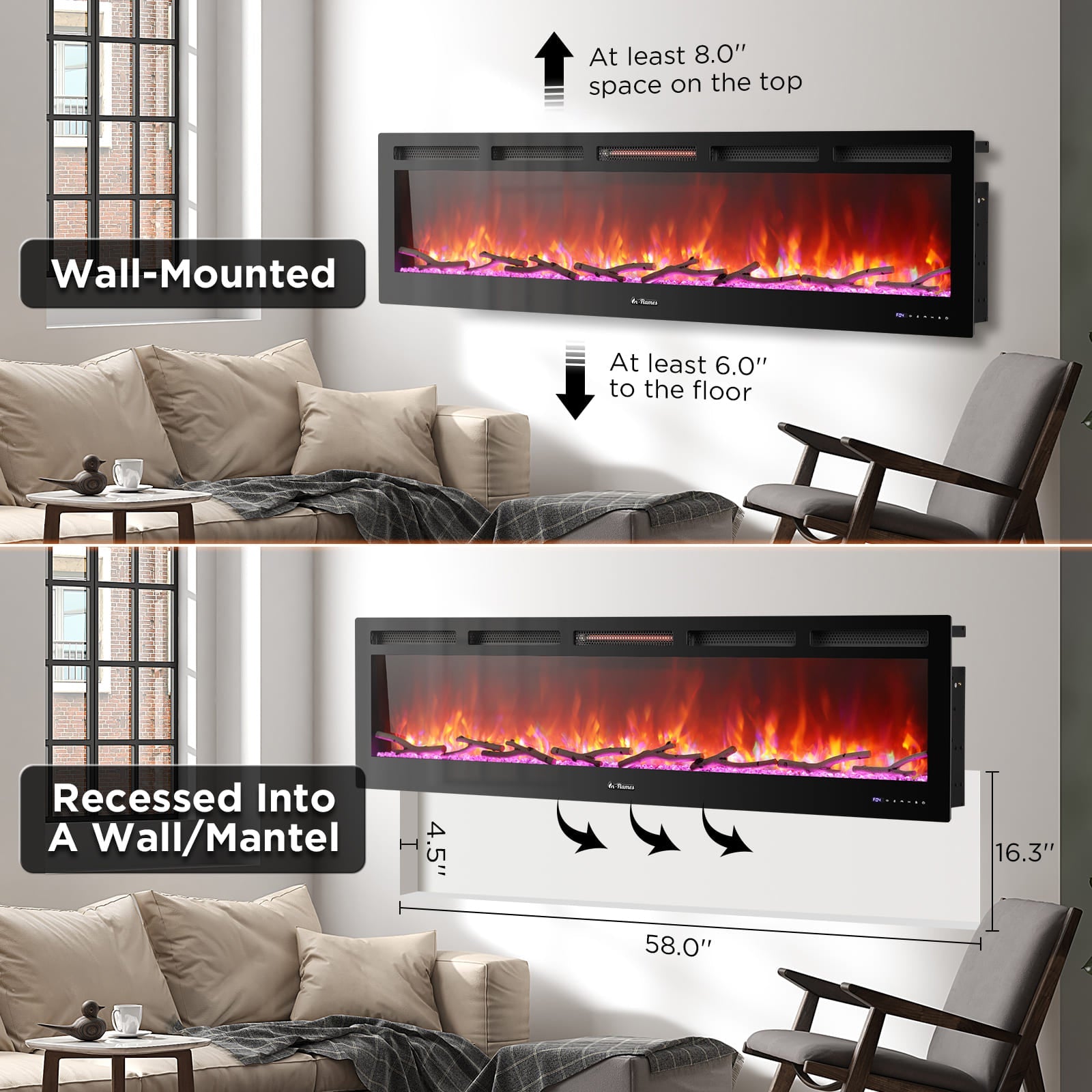 WiFi Smart Wall Mounted Electric Fireplace - Tempered Glass