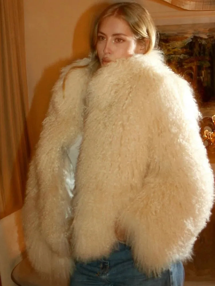 Elegant Faux Fur Short Jacket Women Chic Long Sleeve Loose Cardigan Jackets Lady 2025 Winter Daily Vacation Street Outwear