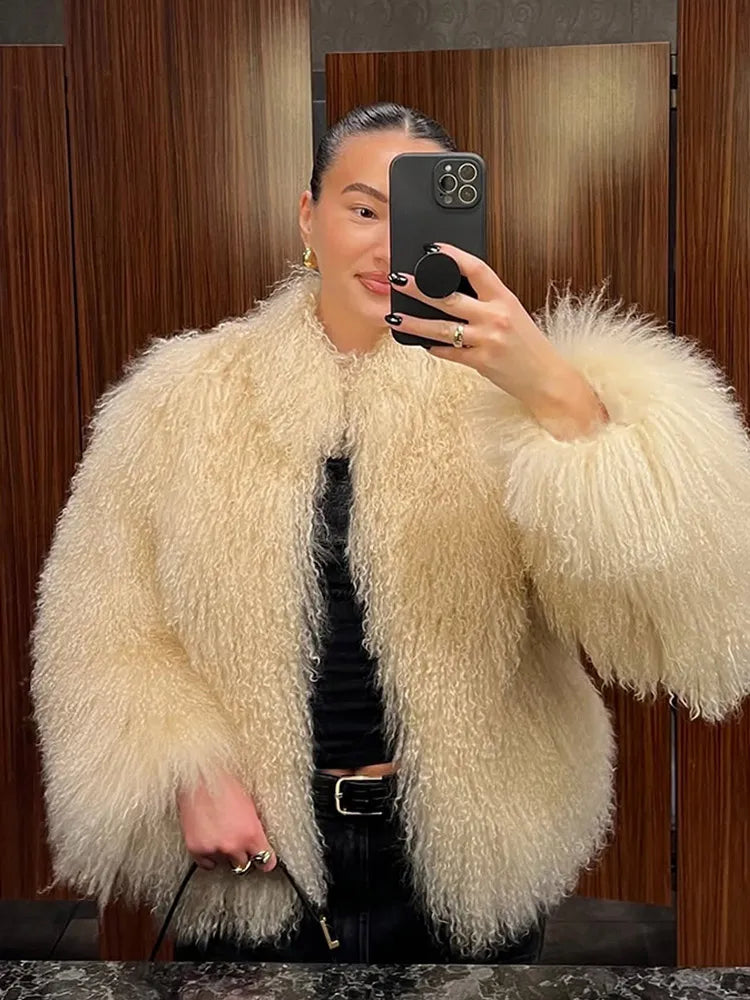 Elegant Faux Fur Short Jacket Women Chic Long Sleeve Loose Cardigan Jackets Lady 2025 Winter Daily Vacation Street Outwear