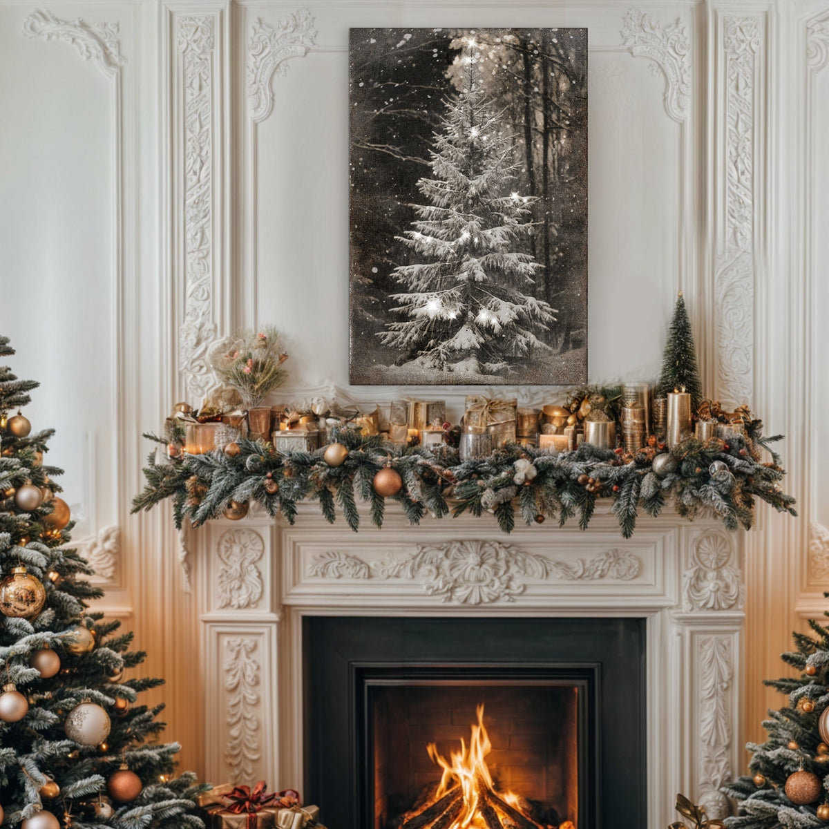 Decorated Christmas trees and fireplace with mantel garland and artwork.