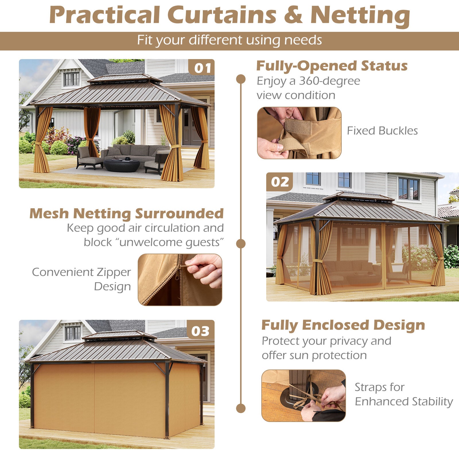 16 x 12 Feet Hardtop Gazebo Aluminum Frame Permanent Pavilion with Curtains and Netting-Coffee